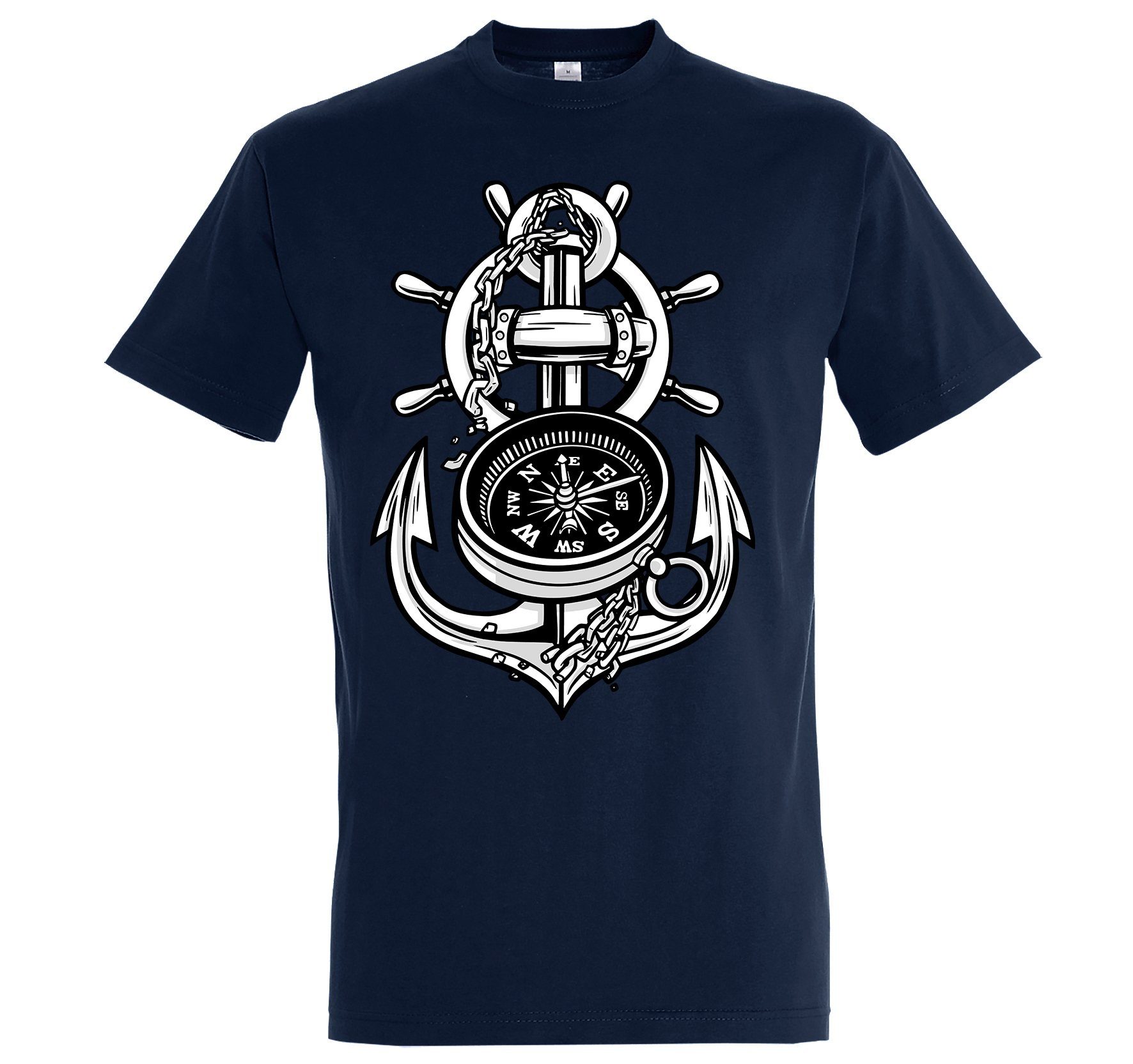 mit Designz Anker Youth Shirt trendigem Herren T-Shirt Kompass Navyblau Frontprint
