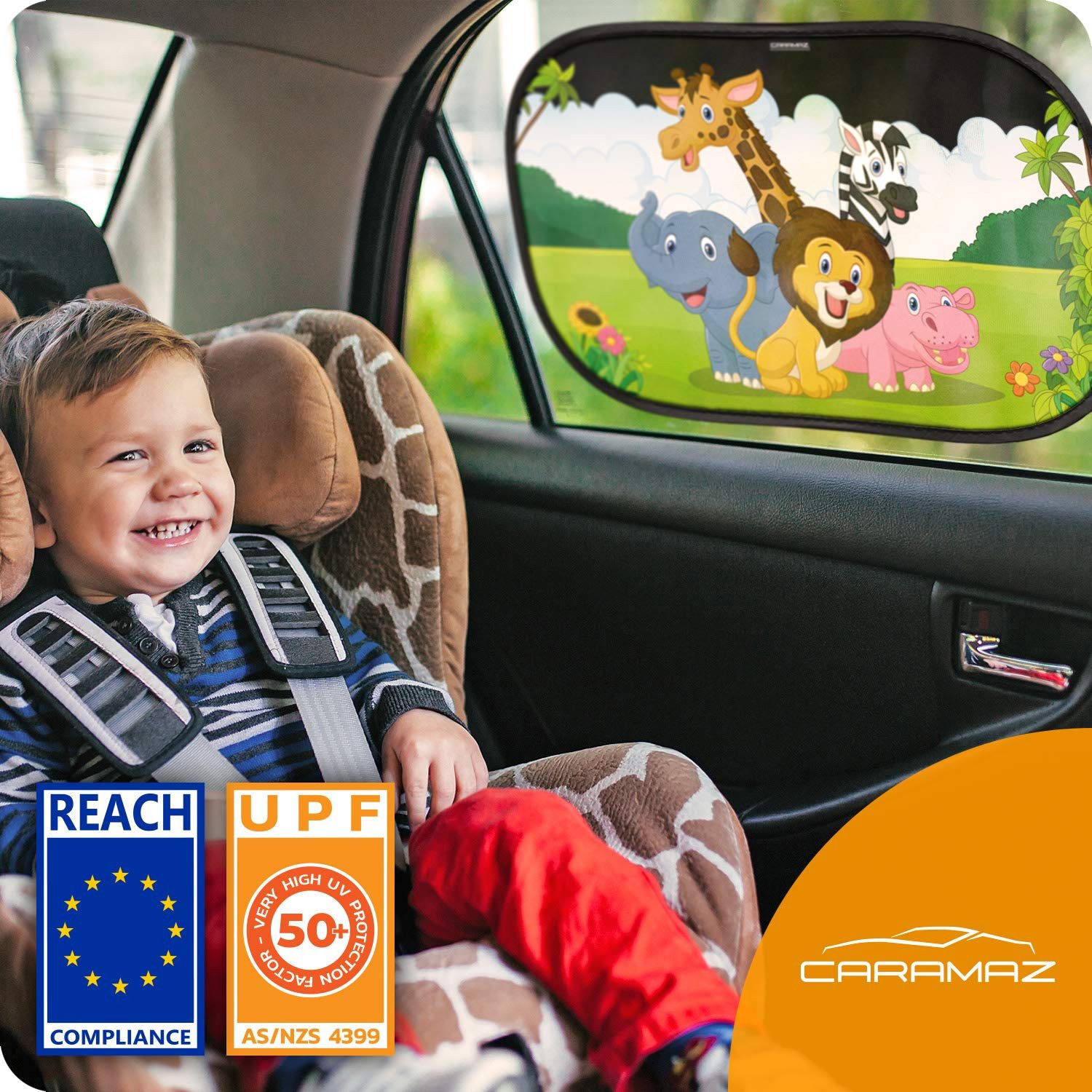 Caramaz Autosonnenschutz Auto Baby mit UV Schutz, Reach Zertifiziert - Opti-Dark, (2-St), GSM100+ inkl. Saugnapf - Verdunklung 51x31cm, 2 Stück