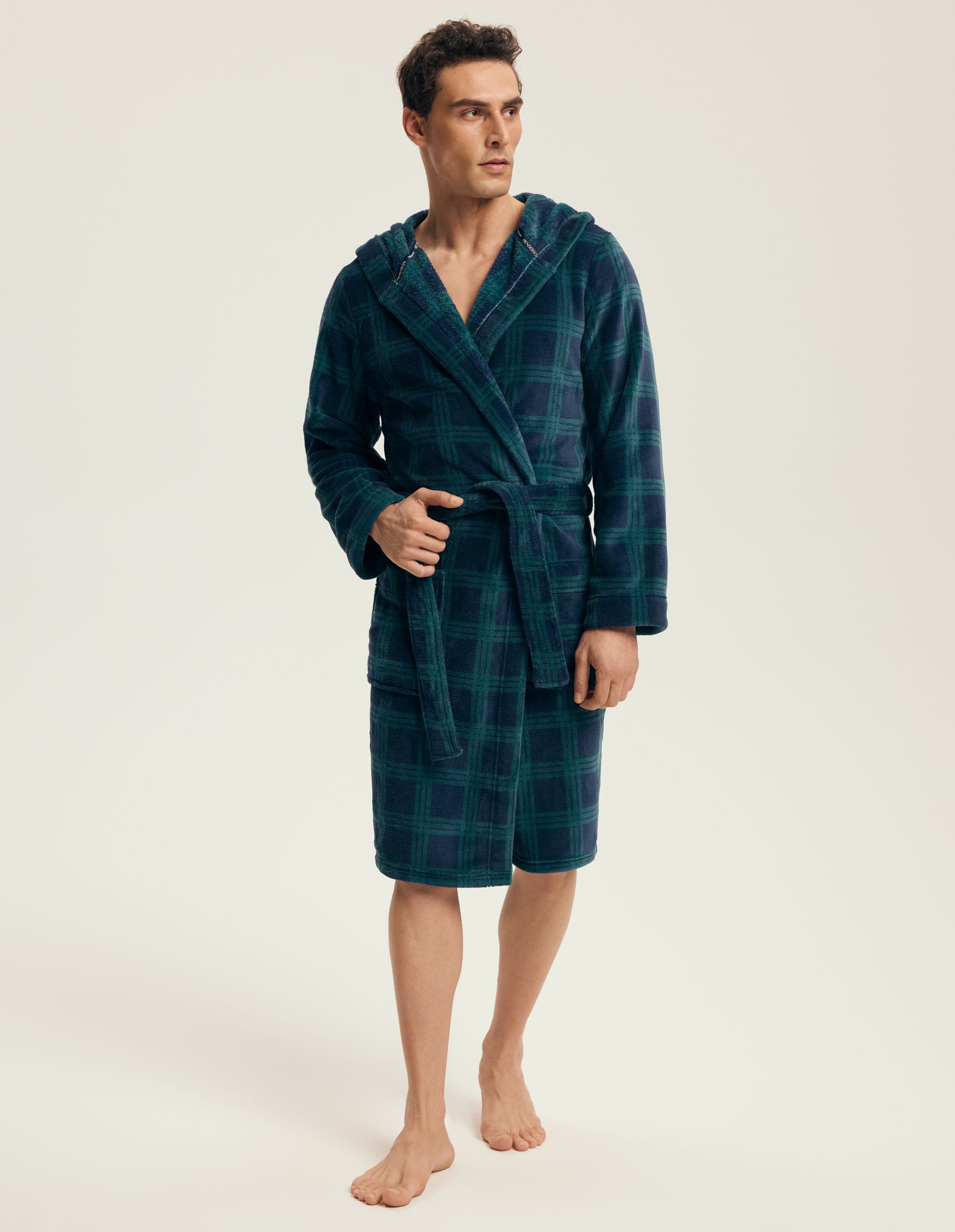Henderson Herrenbademantel Fleece-Bademantel in Midilänge mit Kapuze und Karomuster Nickel, Midilänge, Polyester, Gürtel