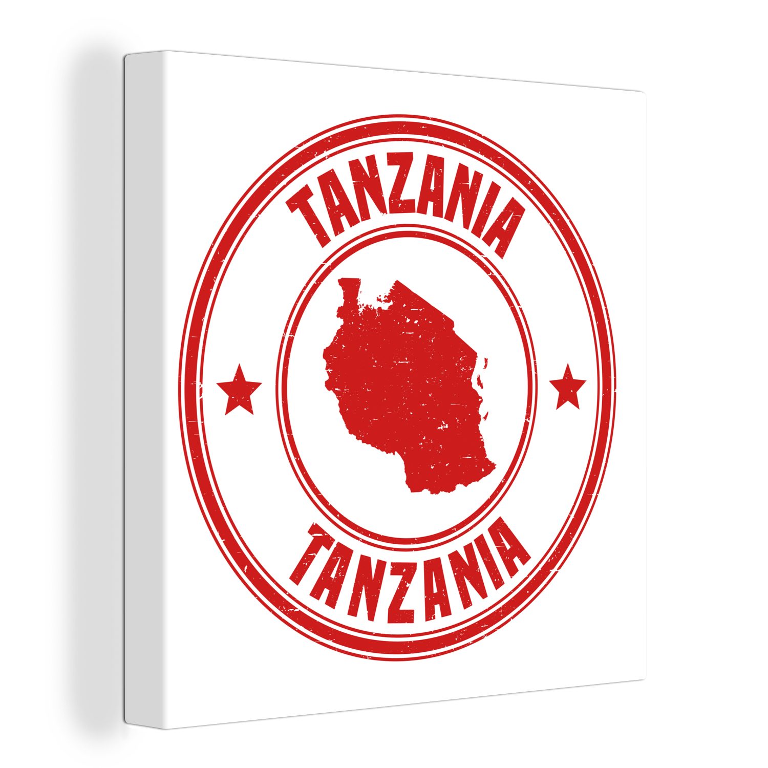 OneMillionCanvasses® Leinwandbild Eine Illustration einer roten Briefmarke mit Tansania darauf, (1 St), Leinwand Bilder für Wohnzimmer Schlafzimmer