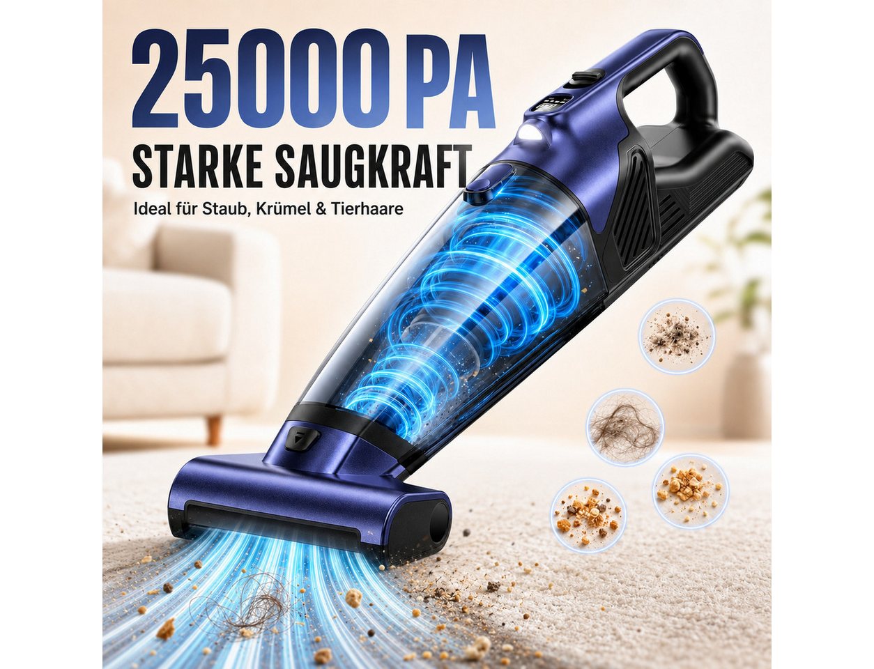 Lapamax Handstaubsauger Akku Kabelloser 20000Pa 120W, Starke Saugkraft, Tragbarer, 10400mAh, 2 Saugmodi Staubsauger für Auto, Teppich, Tierhaare, Treppe