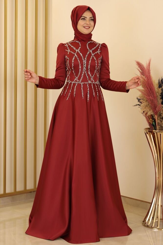 Modavitrini Satinkleid Damen Abendkleid Maxikleid Abiye Abaya mit Schmucksteinen Schmucksteine Bordeauxrot | Partykleider