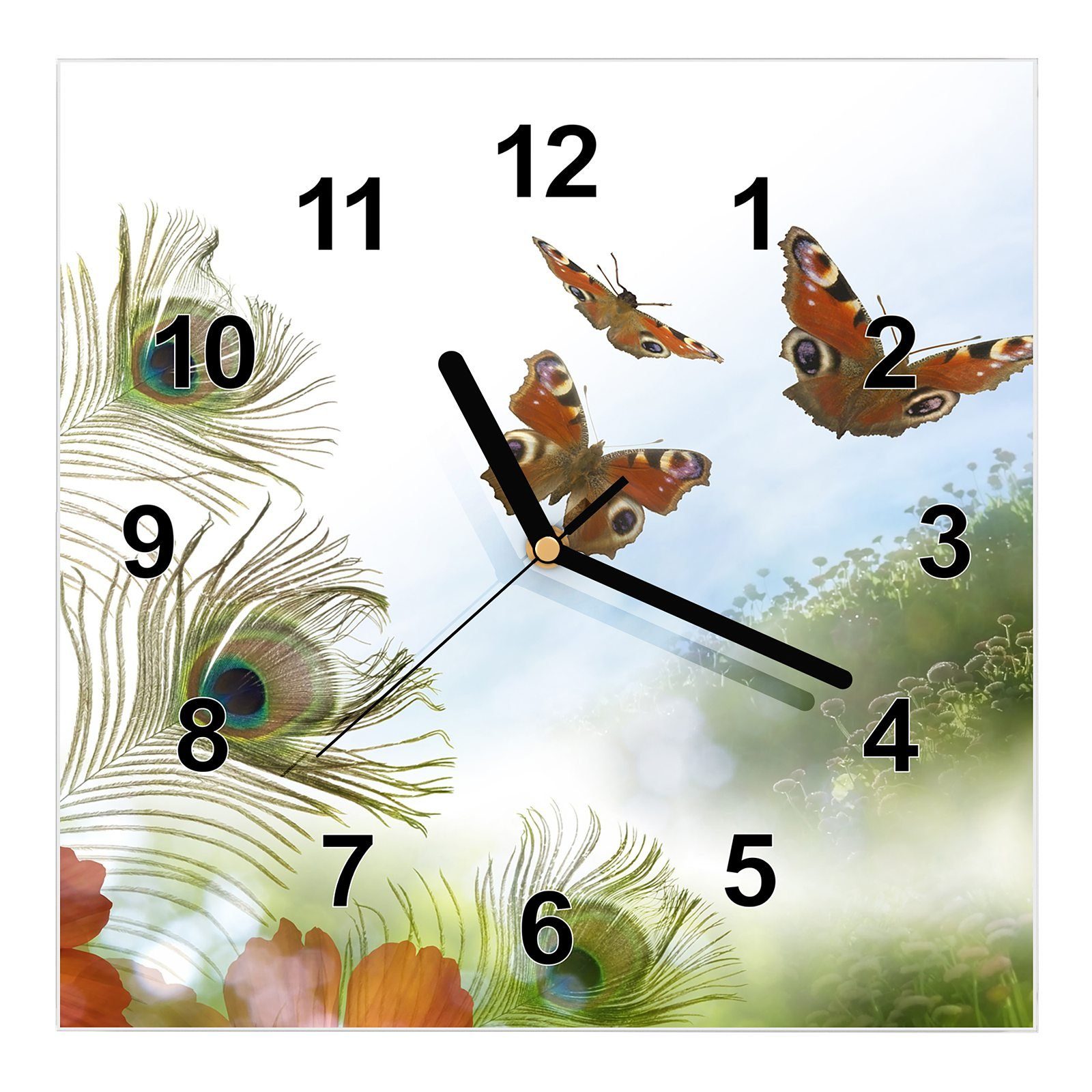 Primedeco Wanduhr Glasuhr Wanduhr Wandkunst Größe 30 x 30 cm mit Motiv Schmetterlinge und Federn