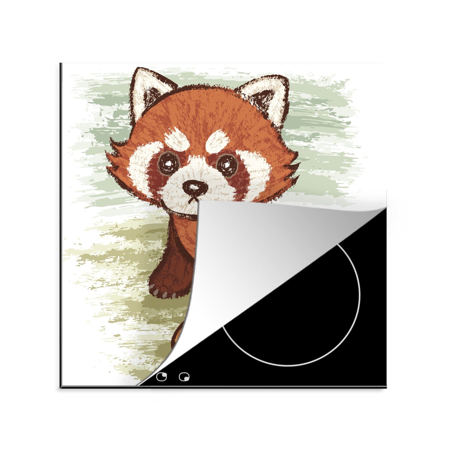 MuchoWow Herdblende-/Abdeckplatte Eine Illustration eines kleinen Pandas vor einem grünen Hintergrund, Vinyl, (1 tlg), 78x78 cm, Ceranfeldabdeckung, Arbeitsplatte für küche