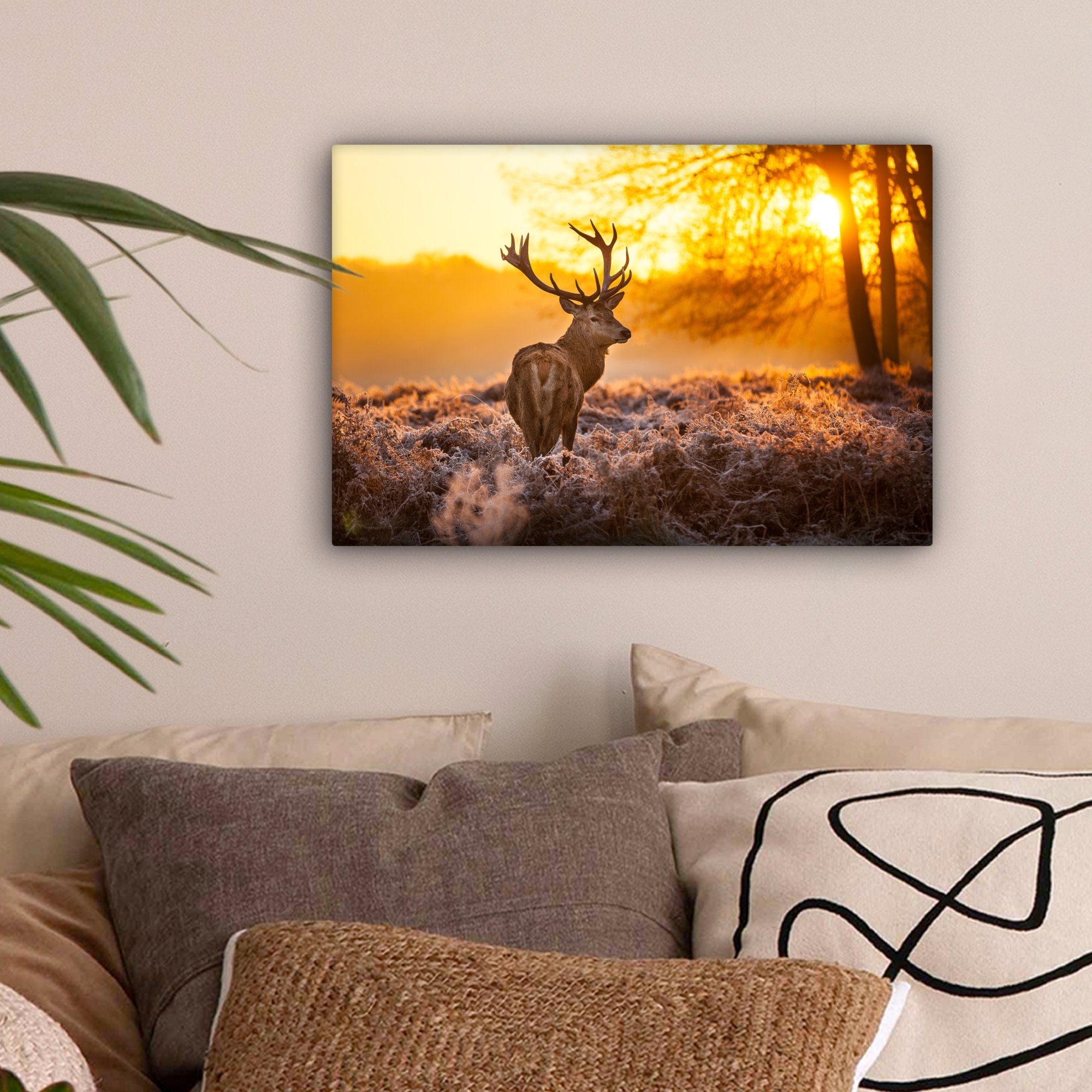 OneMillionCanvasses® Leinwandbild Hirsche - Tiere Winter - Sonnenuntergang St), Wanddeko, - Wandbild Natur, Leinwandbilder, - Heidekraut - Aufhängefertig, Hirsche 30x20 (1 cm