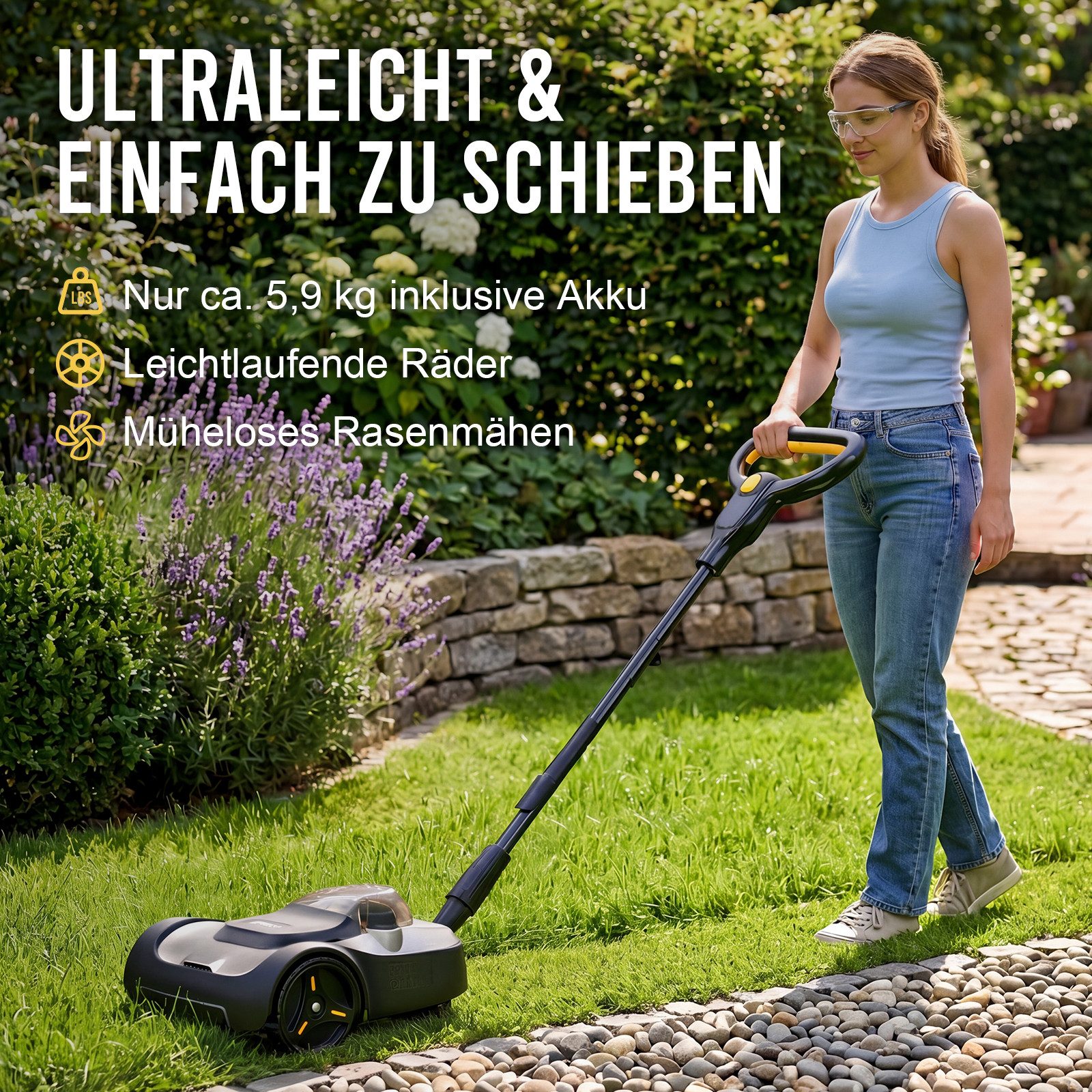 LIGIANT Akkurasenmäher 20V mit 22 cm Schnittbreite & bürstenlosem Motor, 22.86 cm Schnittbreite, Leichter 4,2 kg Rasenmäher mit 4,0Ah Akku für kleine Gärten