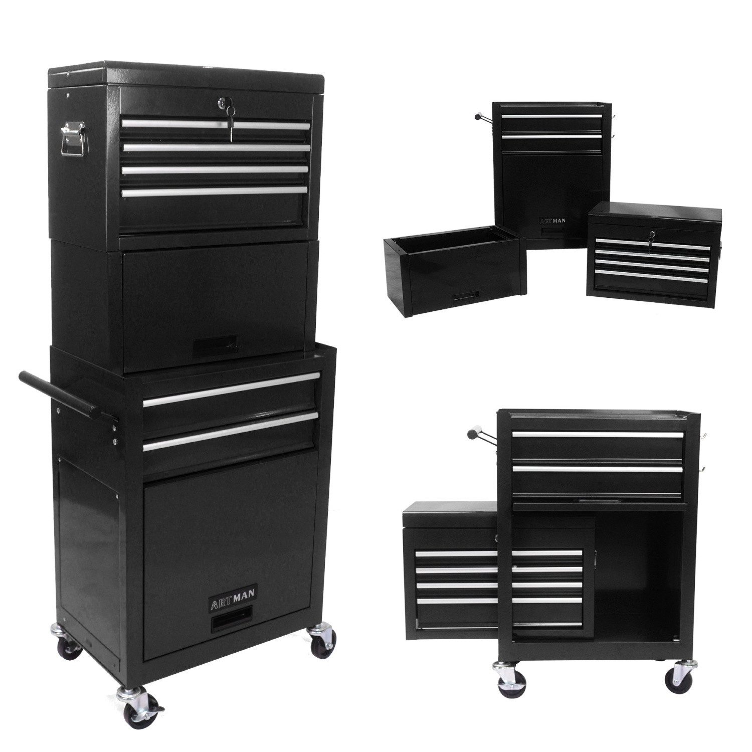 ANYSUN Werkzeugwagen 2 in 1 abnehmbarer Werkzeugkasten,Symbollschrank auf Rädern, Schwarz, max. Traglast:100 kg, (6-schalbeschaltbare Roll-Werkzeugkiste mit 4 Universalrädern), Werkzeugwagen leer,für Garage Workshop Reparaturwerkstatt