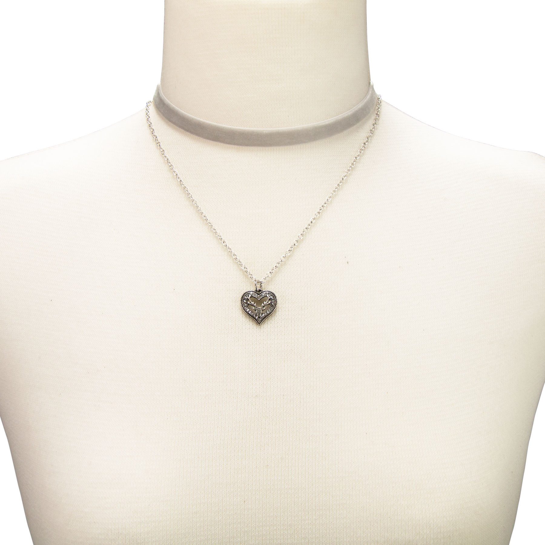 Alpenflüstern Choker Trachten-Samt-Kropfband Strassherz-Hirsch-Kette (grau), - nostalgische Trachtenkette enganliegend, Kropfkette elastisch, Damen – Bild 4 von 4