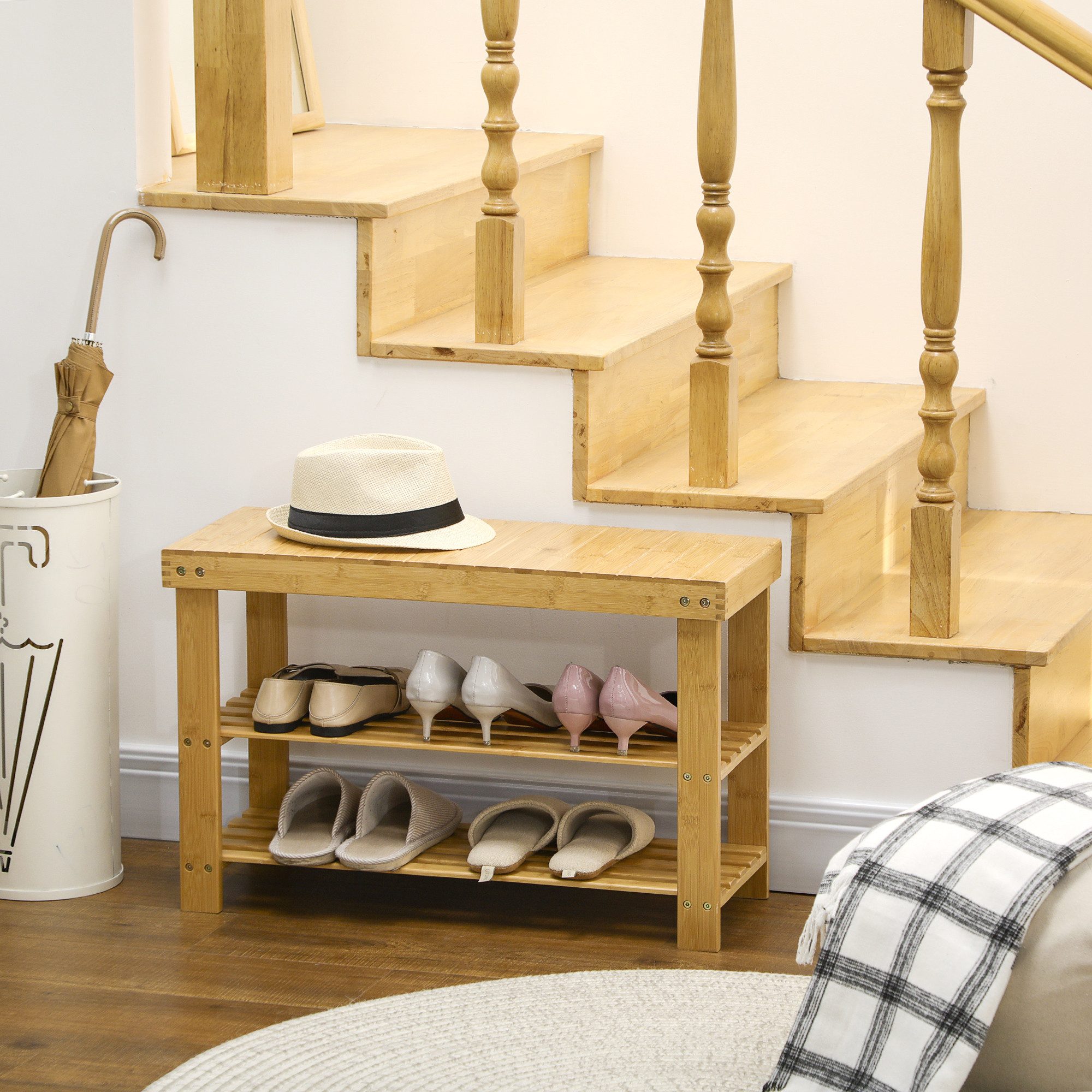 HOMCOM Schuhbank Sitzfläche und Stauraum, 2 Ablagen Flurbank für Wohnzimmer (Schuhregal aus Bambus, 1-St., Sitzbank), für Flur, Eingangsbereich, 70 x 28 x 45 cm, Naturholz