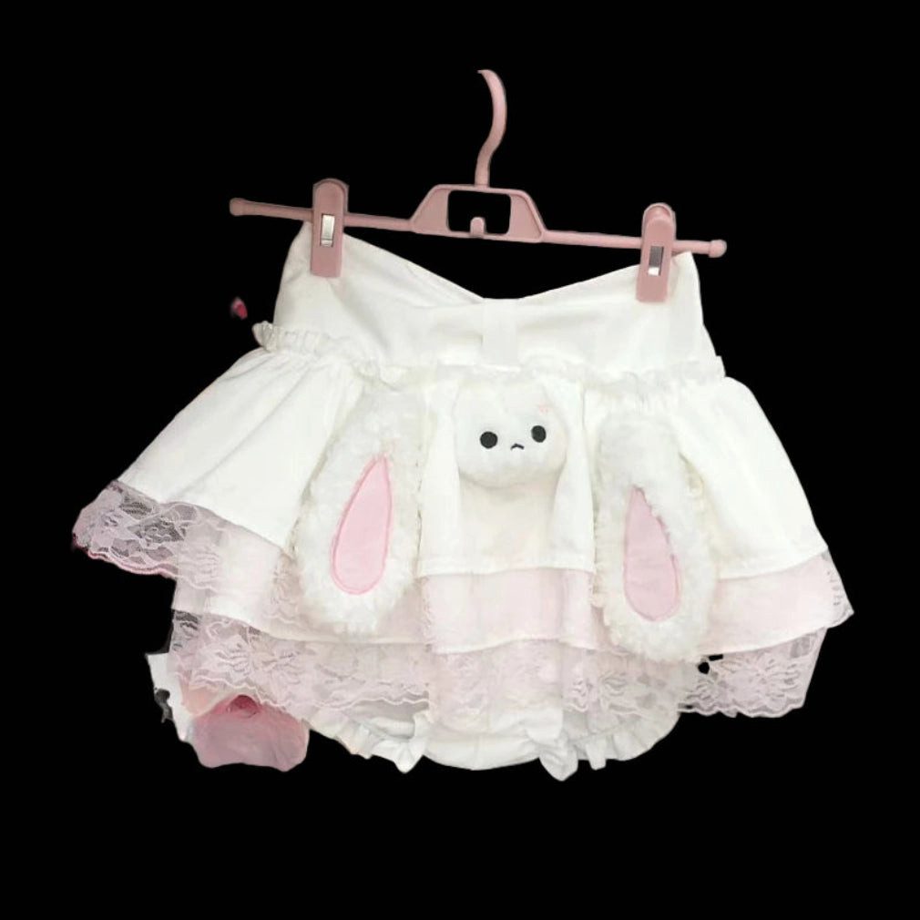 Dark-Desires Minirock Kawaii süßer Gothic Lolita Minirock mit Häschen Plüsch weiß-rosa