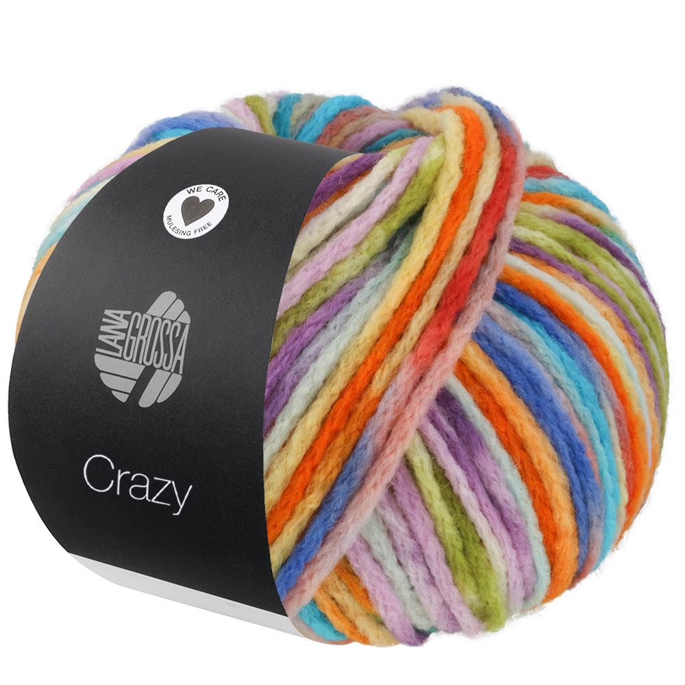 LANA GROSSA CRAZY Voluminöses Merinogarn mit lebendigen Farbprints Häkelwolle, 140 m (95 % superwash Merino-Schurwolle für weichen Garncharakter, Lebendige Farbprints für individuelle Statement-Looks), 100 g