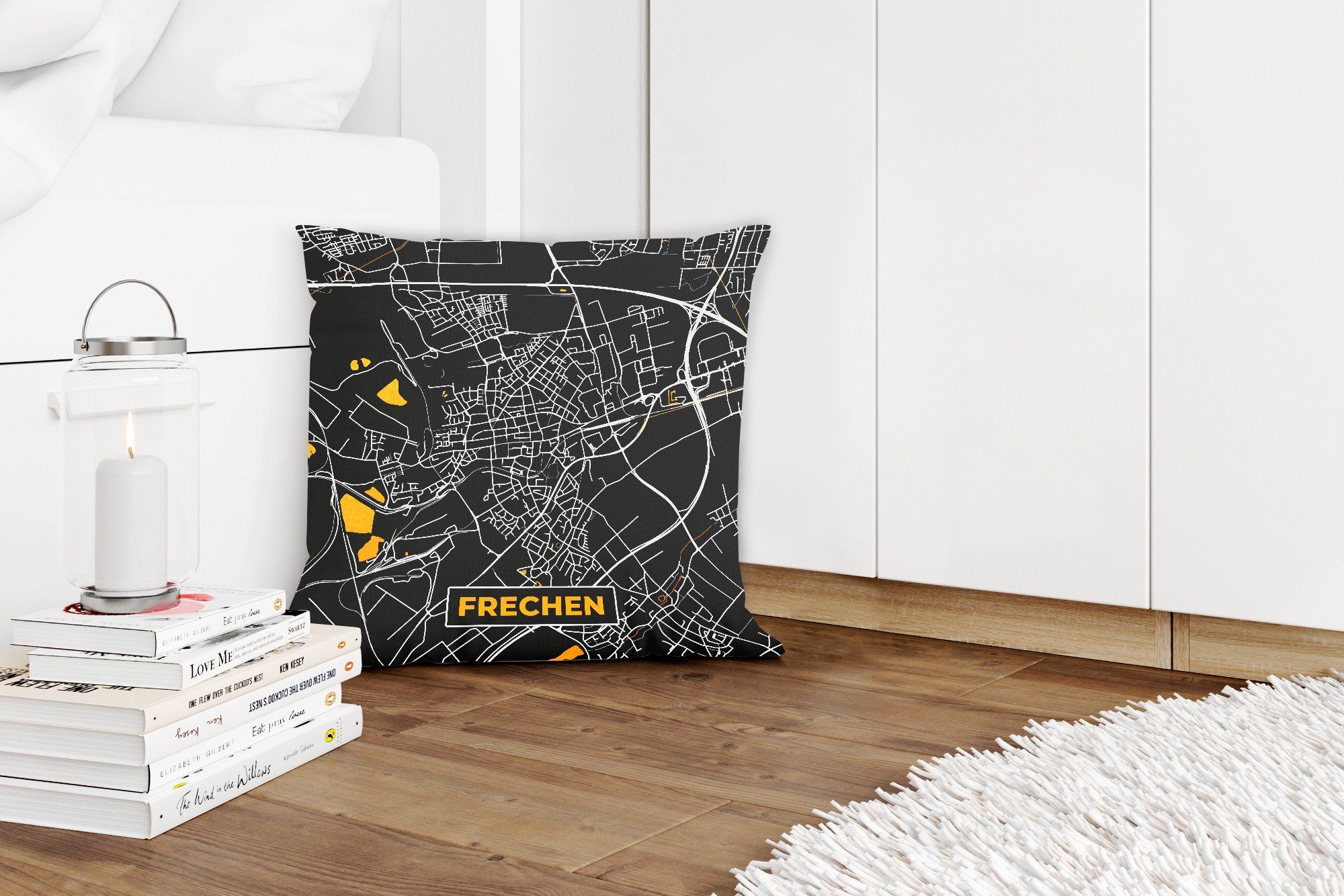 MuchoWow Dekokissen Frechen, Schlafzimmer, Füllung Deutschland mit - Stadtplan Gold für Deko, Karte Sofakissen - - Wohzimmer, Zierkissen 