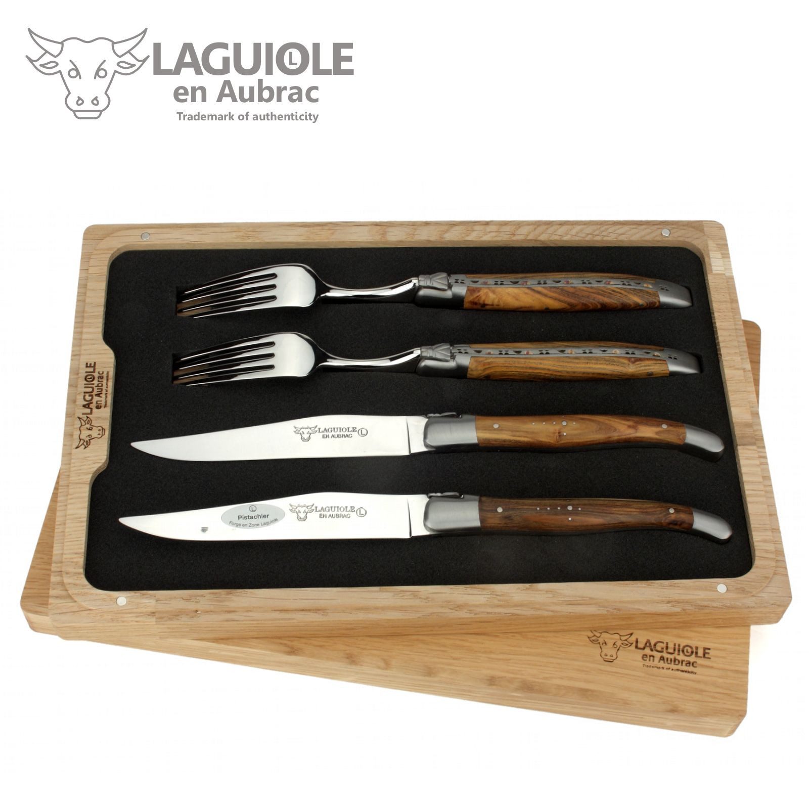 Laguiole en Aubrac Steakbesteck CCF99PII, 2 Messer / 2 Gabeln - Griff Pistazie - Backen matt - Stahl glänzend