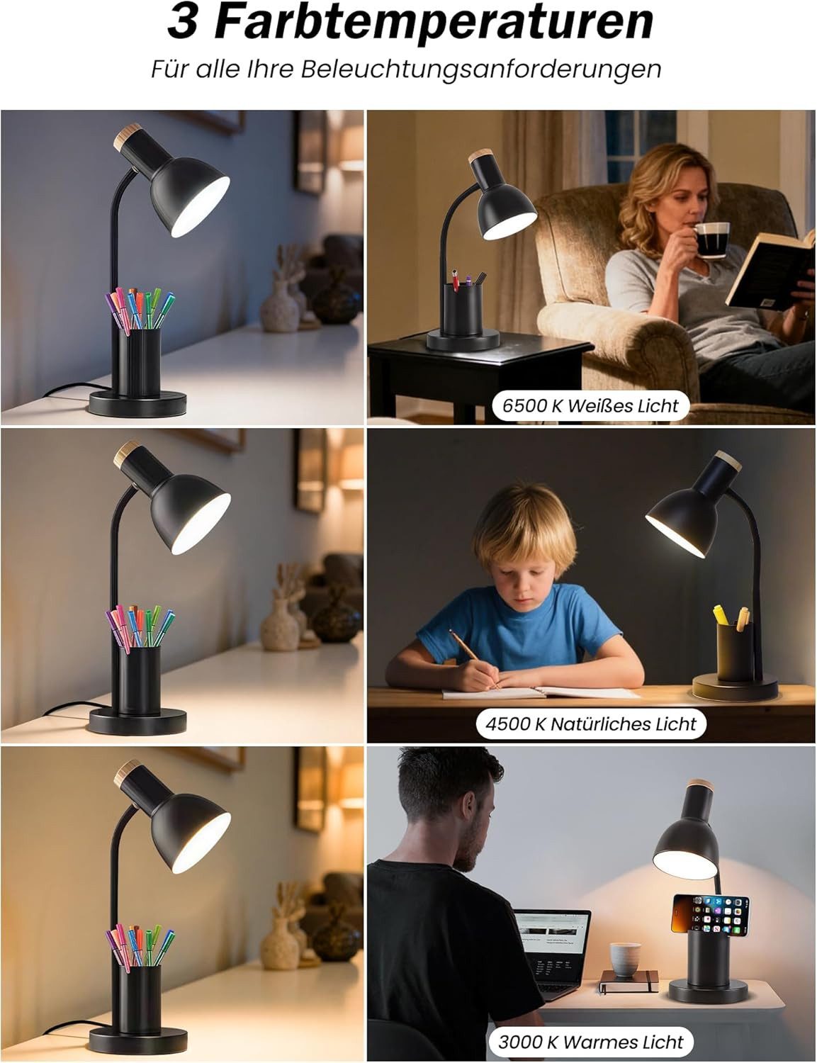 FELIXLEO Schreibtischlampe LED Schreibtischlampe mit Stifthalter 3 Farbmodi Schwarz