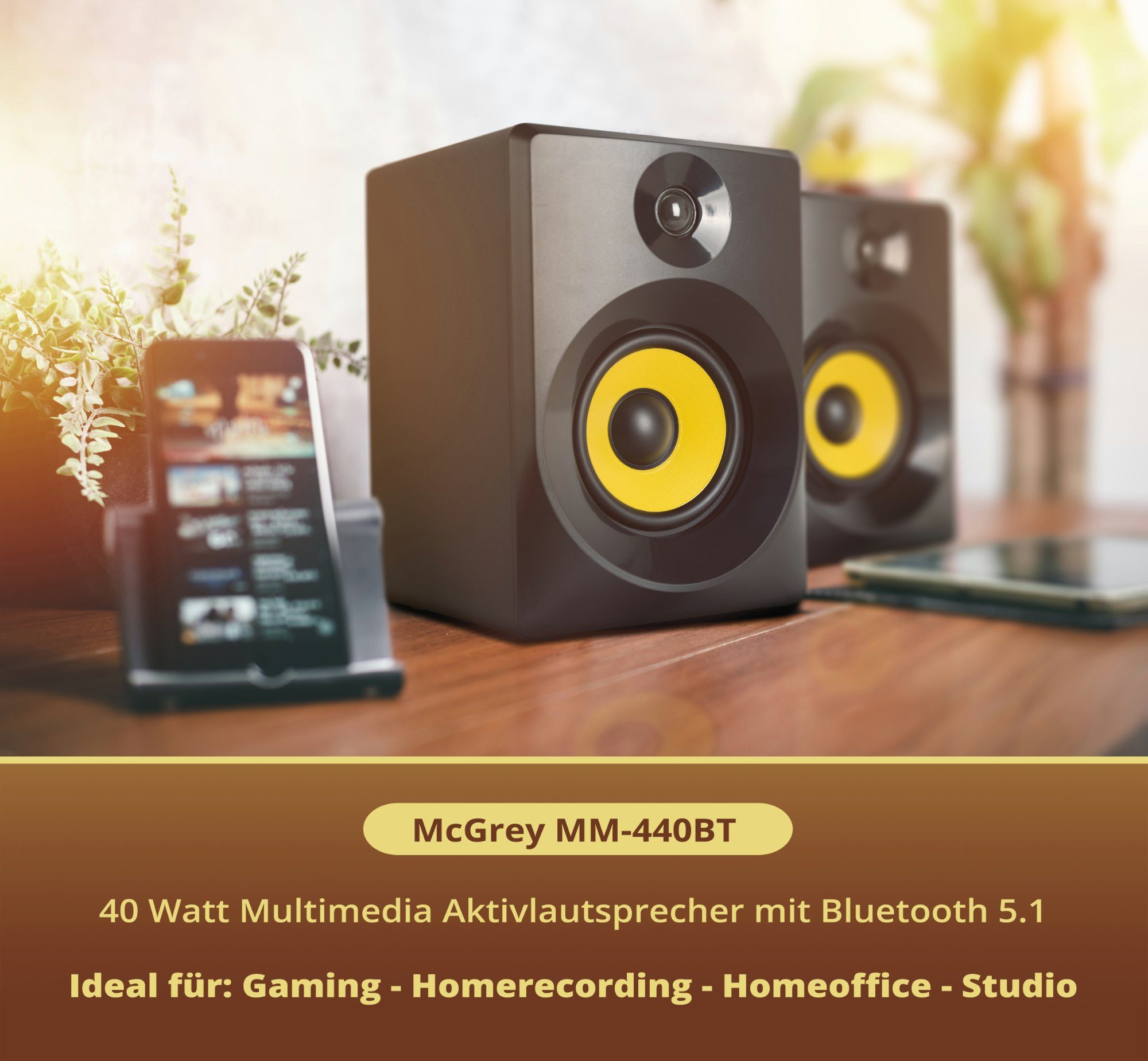 McGrey MM-440BT Multimedia Studio Monitor Paar Lautsprecher (Bluetooth 5.1, 40 W, 2.0 Regallautsprecher mit Tonregler für Höhen und Tiefen)