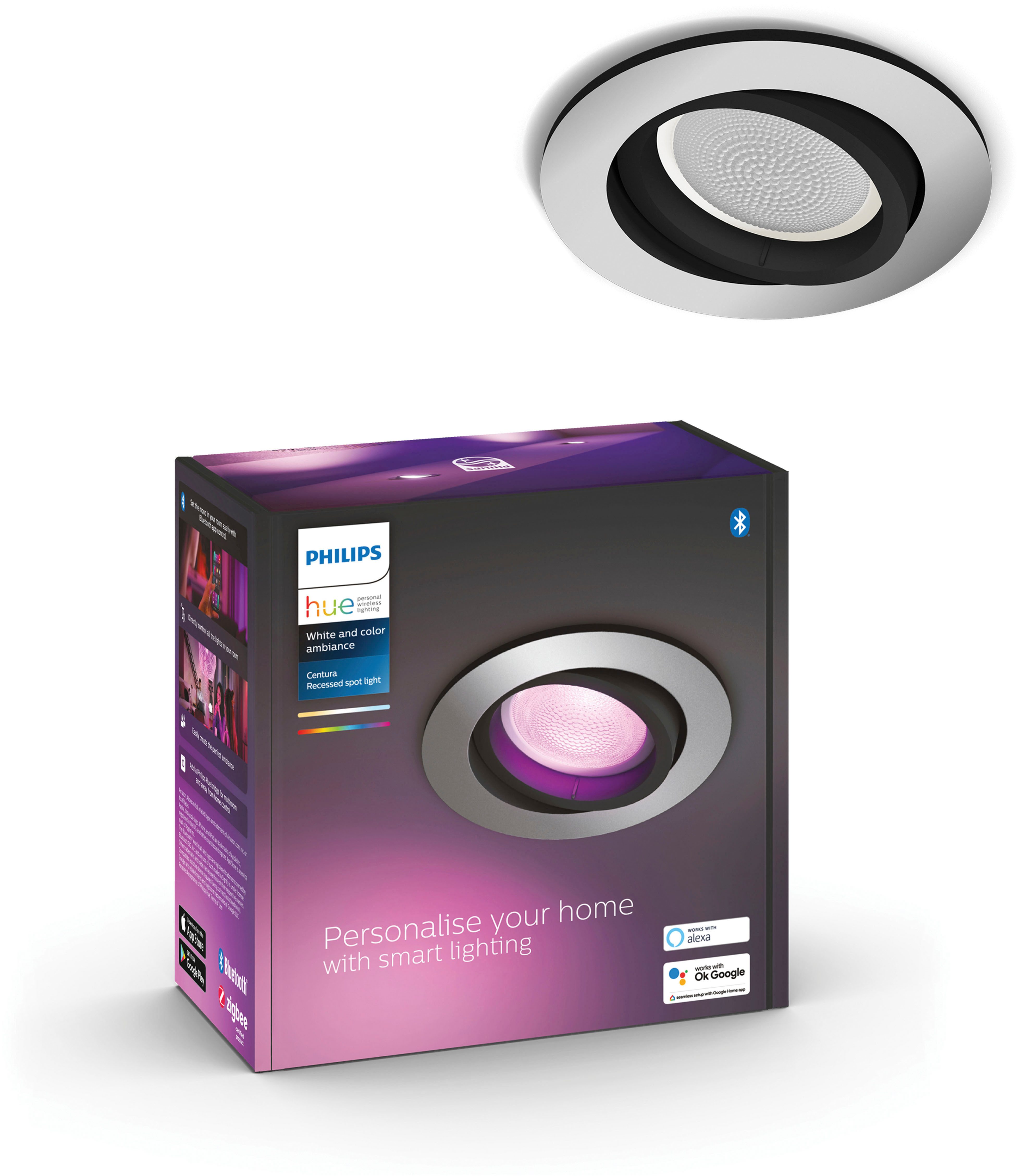 Philips Hue LED Einbauleuchte White & Color Ambiance Centura Einbauspot rund, Abschaltautomatik, Bluetooth, CCT - über Fernbedienung, Dimmfunktion, Farbsteuerung, Farbwechsel, Leuchtdauer einstellbar, Memoryfunktion, Nachtlichtfunktion, RGB, Smart Home, Timerfunktion, dimmbar über Fernbedienung, erweiterbar, mehrere Helligkeitsstufen, LED wechselbar, RGB
