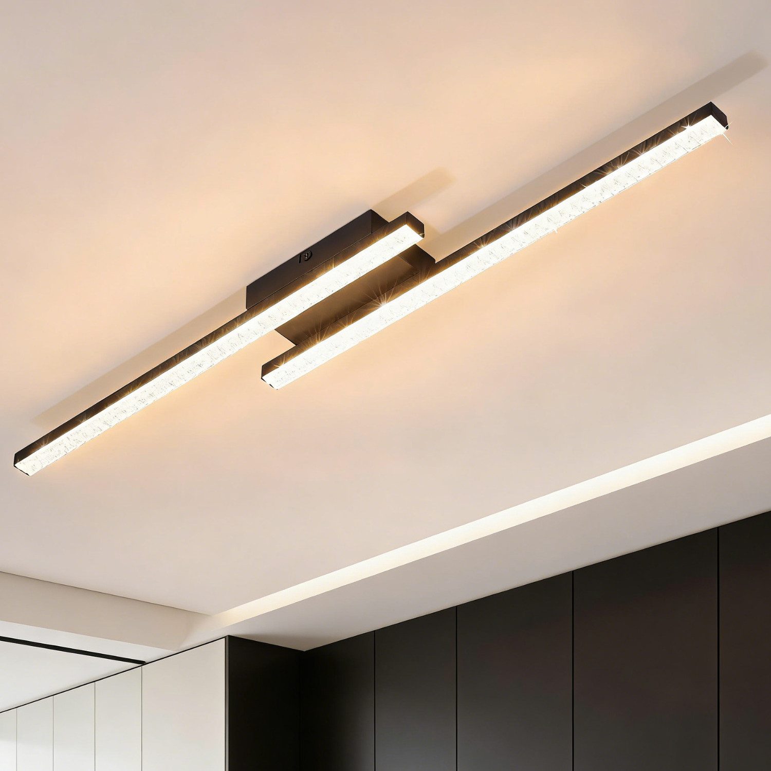 ZMH LED Deckenleuchte Wohnzimmer 12W Schwarz Deckenlampe Modern Kristall 3000K Flur, LED fest integriert, Warmweiß, 2 Flammig 61.5cm Küchenlampe Schlafzimmer