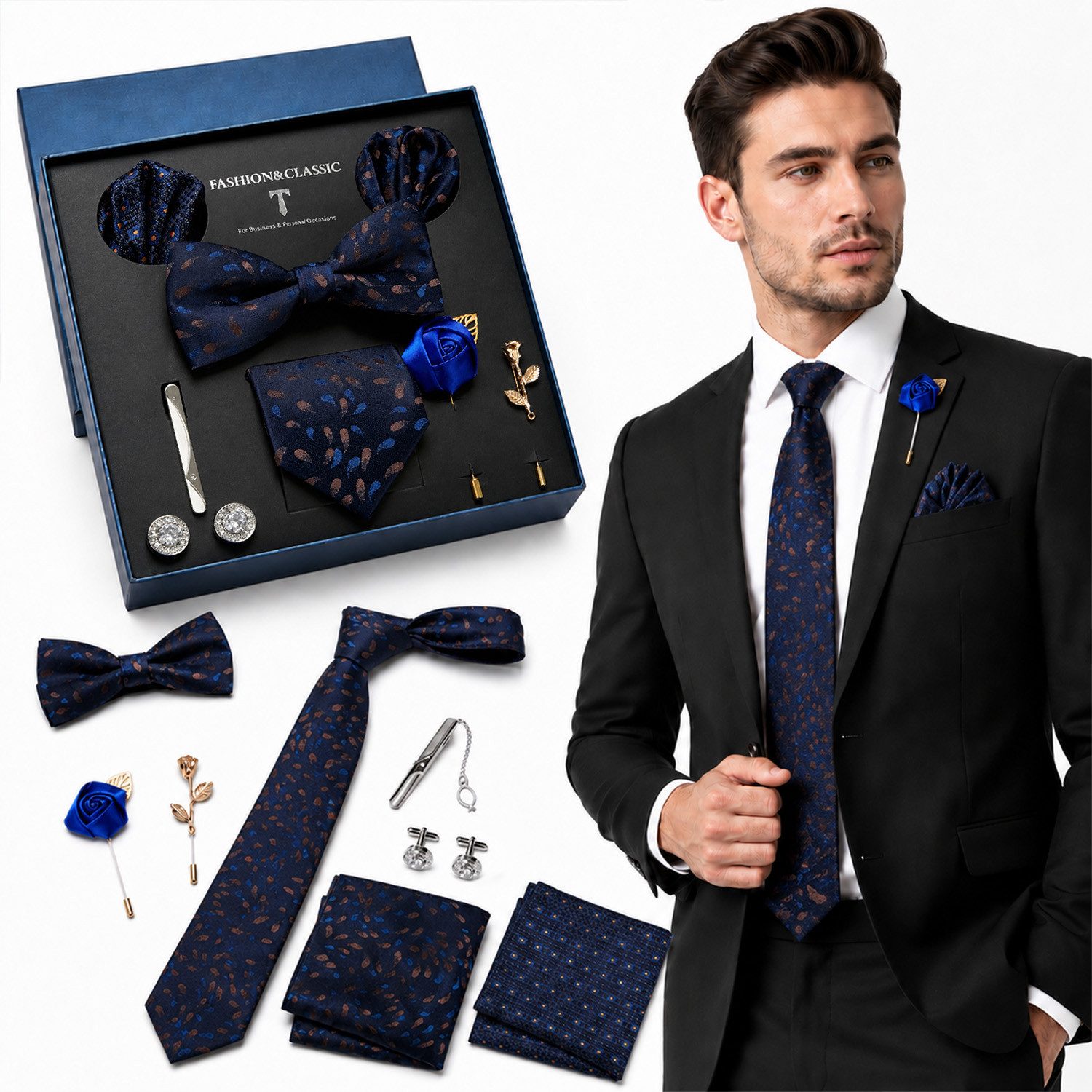 MOPUEA Krawattenhalter Fliege Krawatte Set Herren Einstechtuch Manschettenknöpfe Hochzeit (Fliegen Set mit, Einstecktuch, Manschettenköpfe, Krawattennadel, Boutonniere), Hochwertige Materialien, Vielseitigkeit & Ideales Geschenk