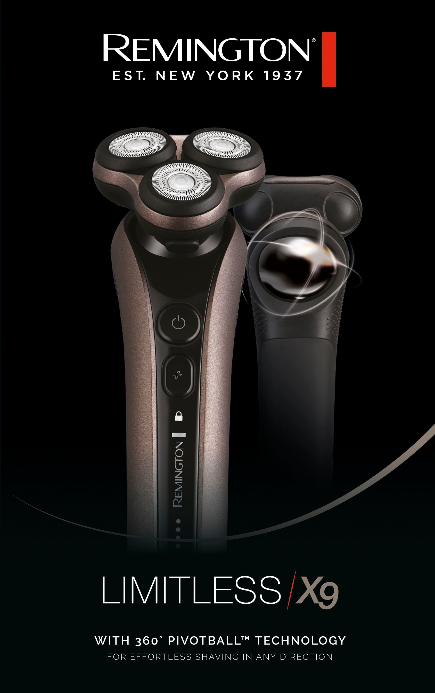 Remington Elektrorasierer Limitless Rotationsrasierer X9 (XR1790), Aufsätze: 1, Nass-&Trockenrasur, 360° PivotBall Drehgelenk, akkubetrieben (60 min)