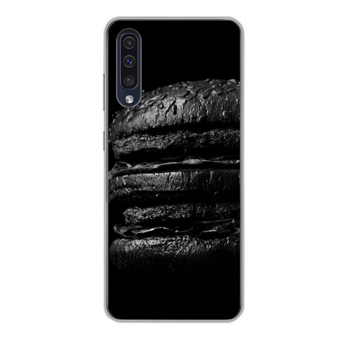 MuchoWow Handyhülle Hamburger auf schwarzem Hintergrund in schwarz und weiß Handyhülle Samsung Galaxy A50 Smartphone-Bumper Print Handy