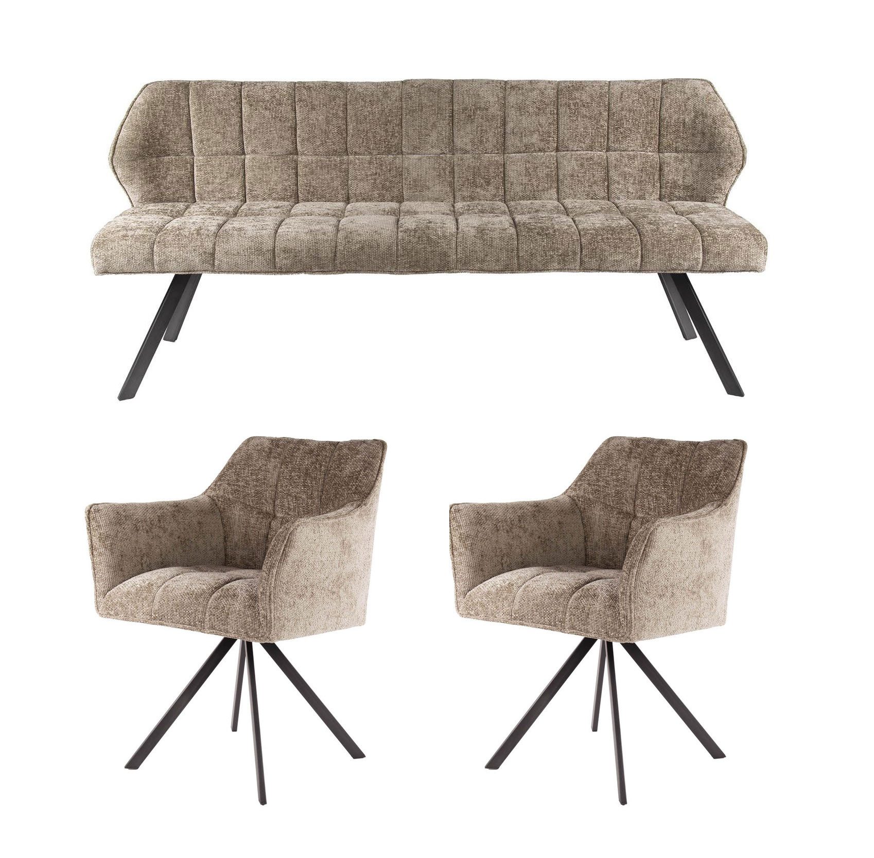 LEVEN Lifestyle Polsterbank RIGO Set Esstischbank + 2 Armlehnstühle weicher Chenille Stoff, Set 3 teilig - bestehend aus Sitzbank 180 cm und 2 Drehstühlen