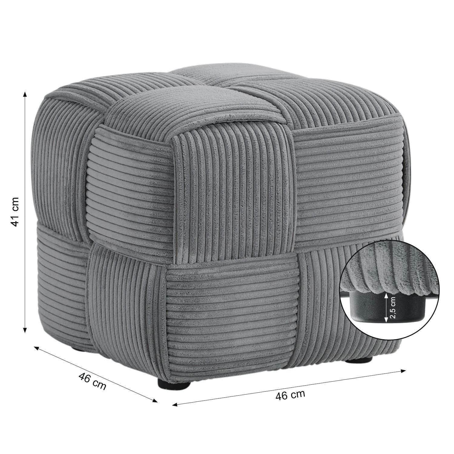 Homestyle4u Fußhocker Pouf Hocker Grau Sitzwürfel weich modern Bezug Fußablage Wohzimmer, Cord/Cordstoff im Flechtmuster, Couch