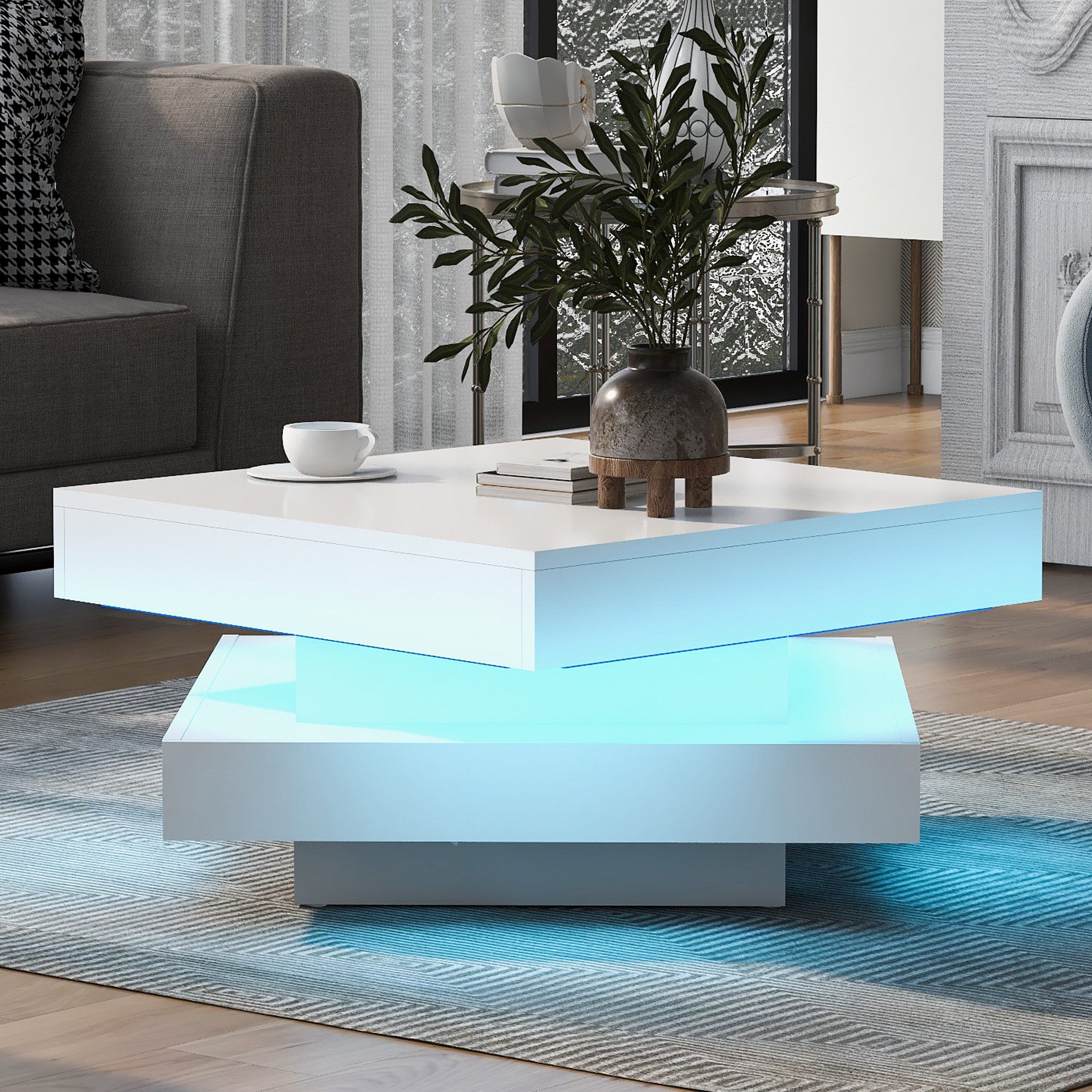 MODFU Couchtisch 70x70x36 cm, Weiß, Hochglanz (Packung, Drehbare Platte 360°, LED-Beleuchtung), Moderner Techno-Stil fürs Wohnzimmer