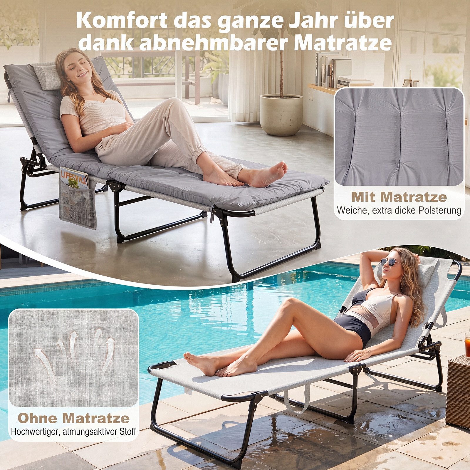 COSTWAY Liegenauflage, Sonnenliege klappbar, Relaxliege für Garten