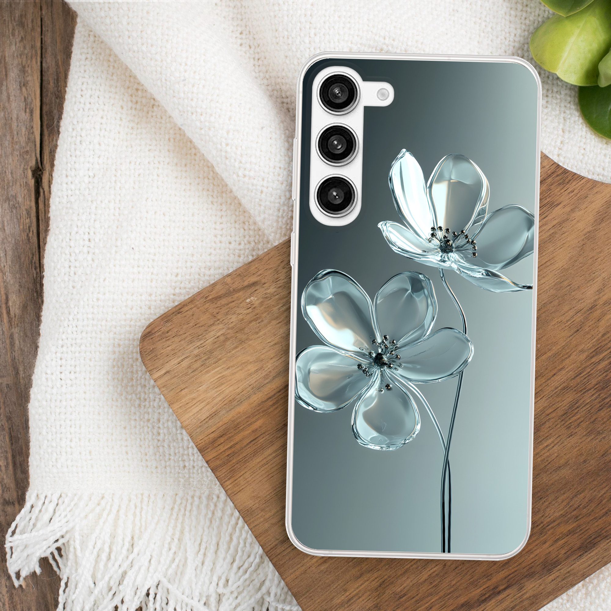MuchoWow Handyhülle für Samsung Galaxy S23 Plus Kristall - Blumen - Grau, Phone Case, Silikon, Schutzhülle Dünn
