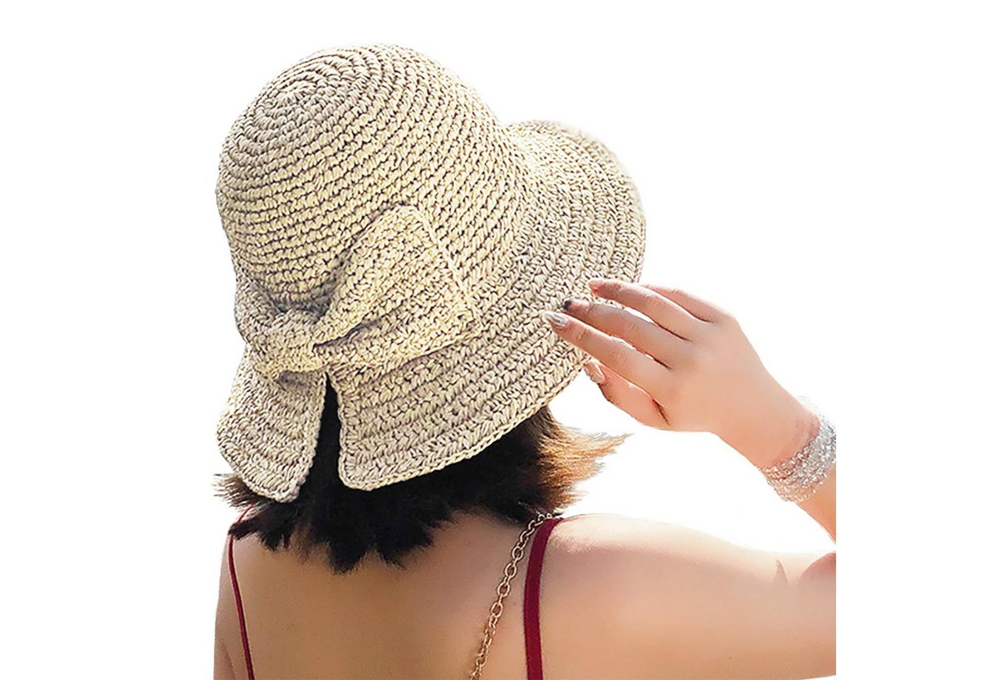 Zaewry Sonnenhut Strohhut für den Strand, Sommermütze mit Schleife Strohhut zum Krempeln und faltbar