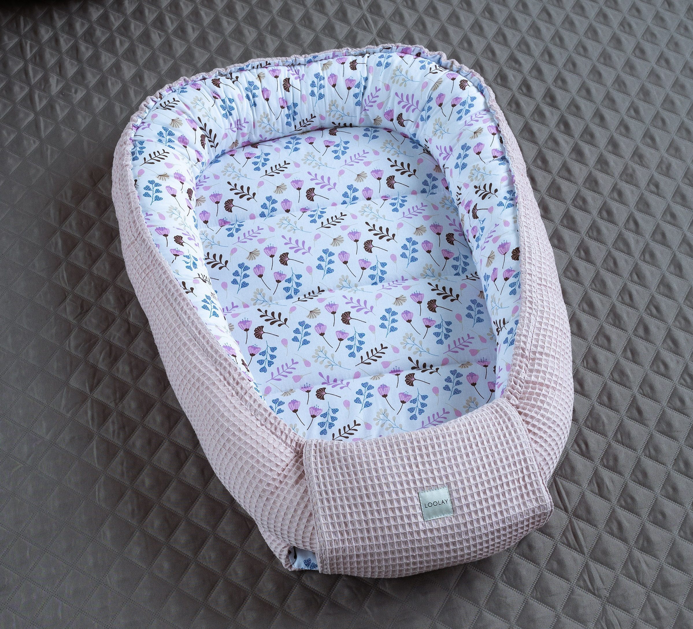 Loolay Bettnestchen Altrosa WAFFELPIQUE/ BLUMEN Rosa Babynest Babyausstattu günstig online kaufen