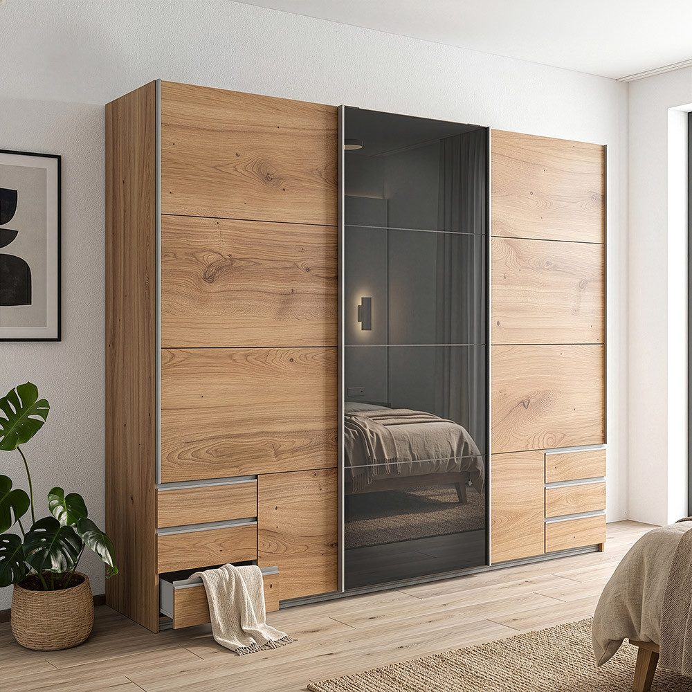 Lomadox Schwebetürenschrank VIESTE-43 Kleiderschrank, 270cm breit, mit Schubladen, graphit mit Eiche