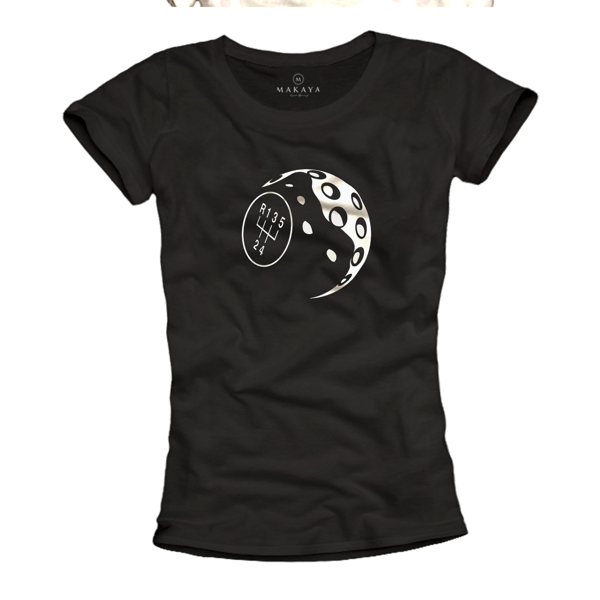 MAKAYA Print-Shirt Kurzarm Top für Damen mit Schaltknauf Motiv – Auto & Racing (Schwarz, S, M, L, XL) Baumwolle