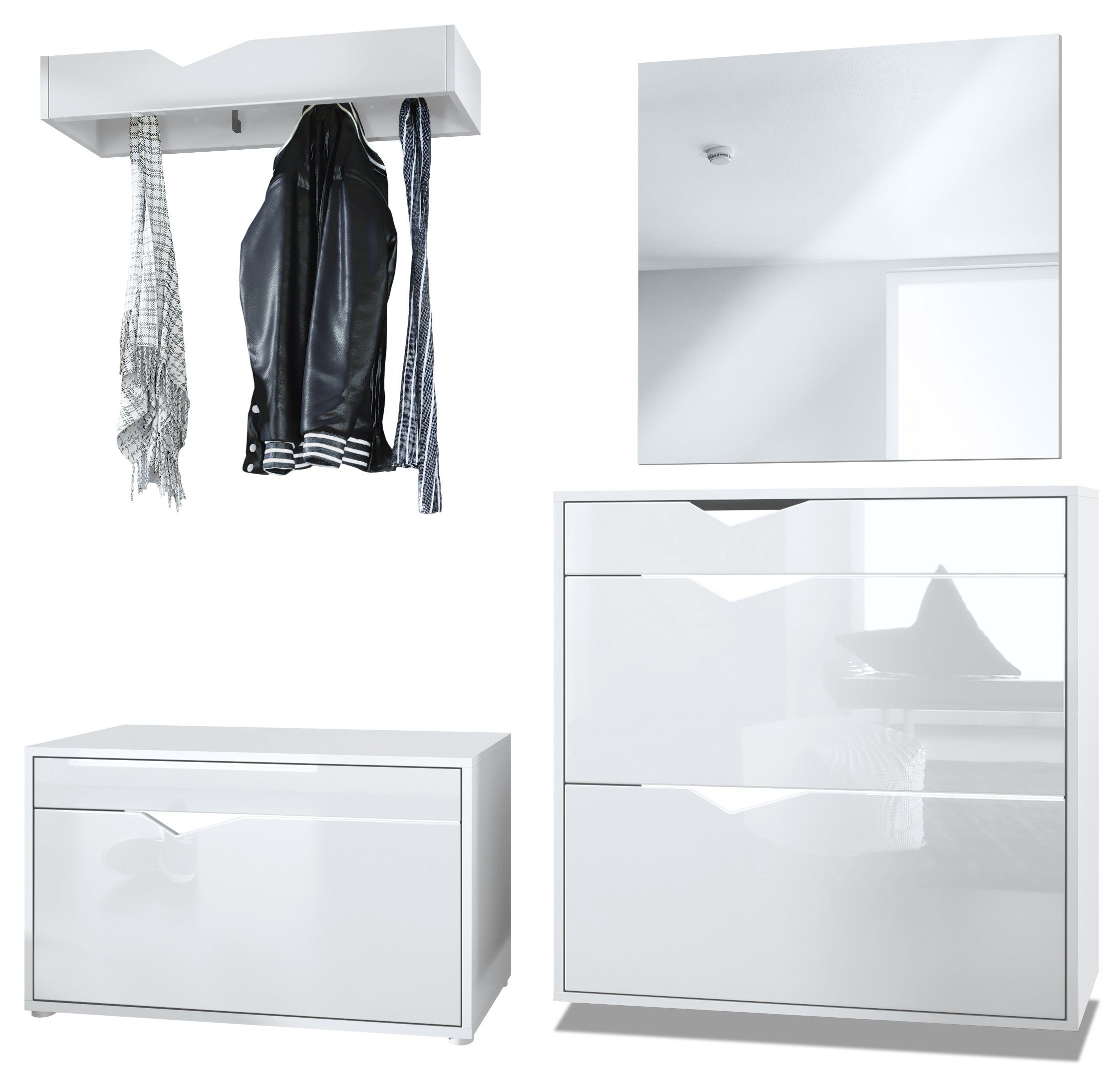 Vladon Garderoben-Set Kolmio, (Garderobenset bestehend aus 1 Schuhschrank, 1 Schuhbank, 1 Spiegel und 1 Wandgarderobe), Weiß matt/Weiß Hochglanz (190 x 185 x 33 cm)