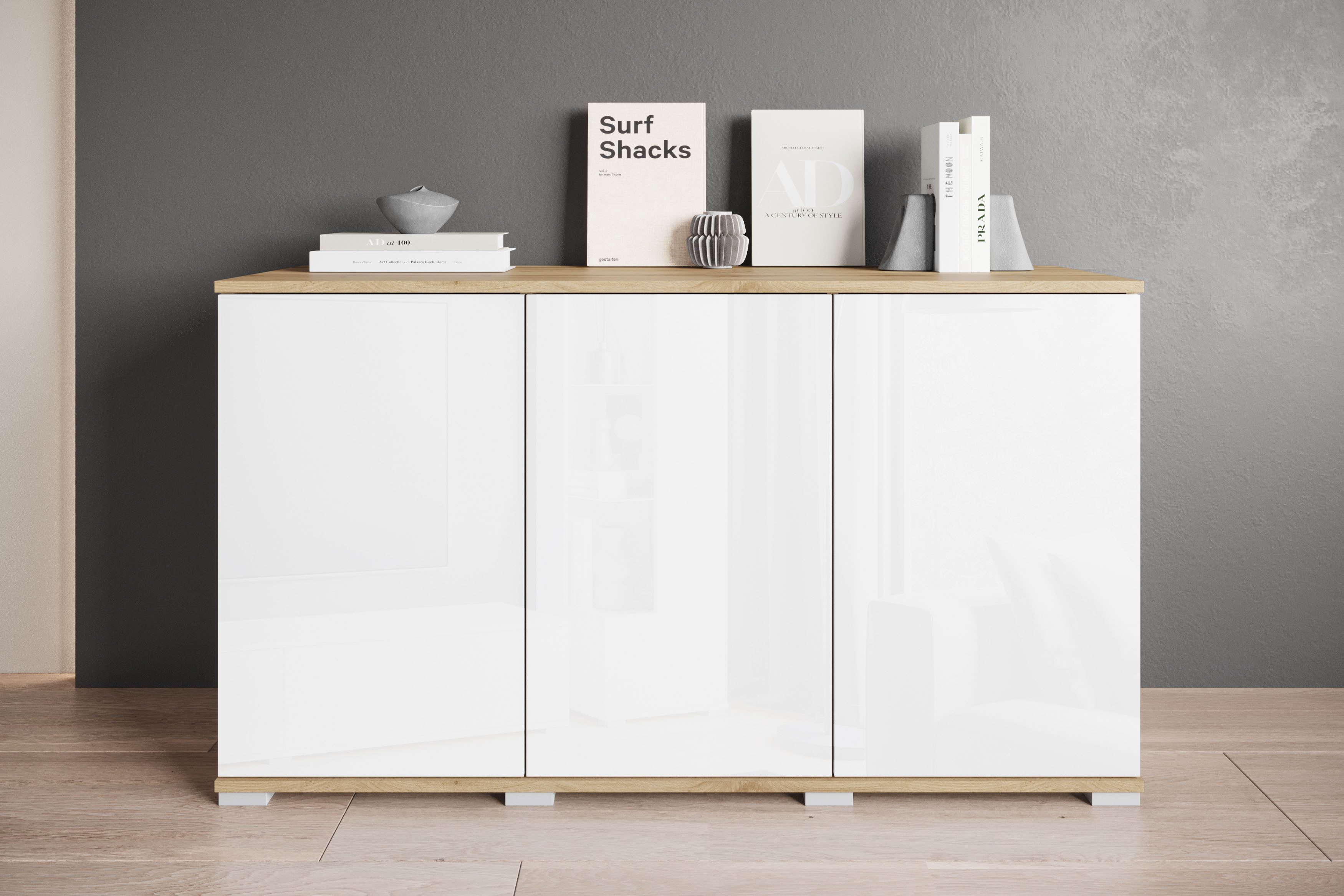 INOSIGN Sideboard Kenia, moderne grifflose Kommode mit 3 Двери, Breite 120 cm (1 St), Push-to-Open-Fronten, höhenverstellbaren Полки