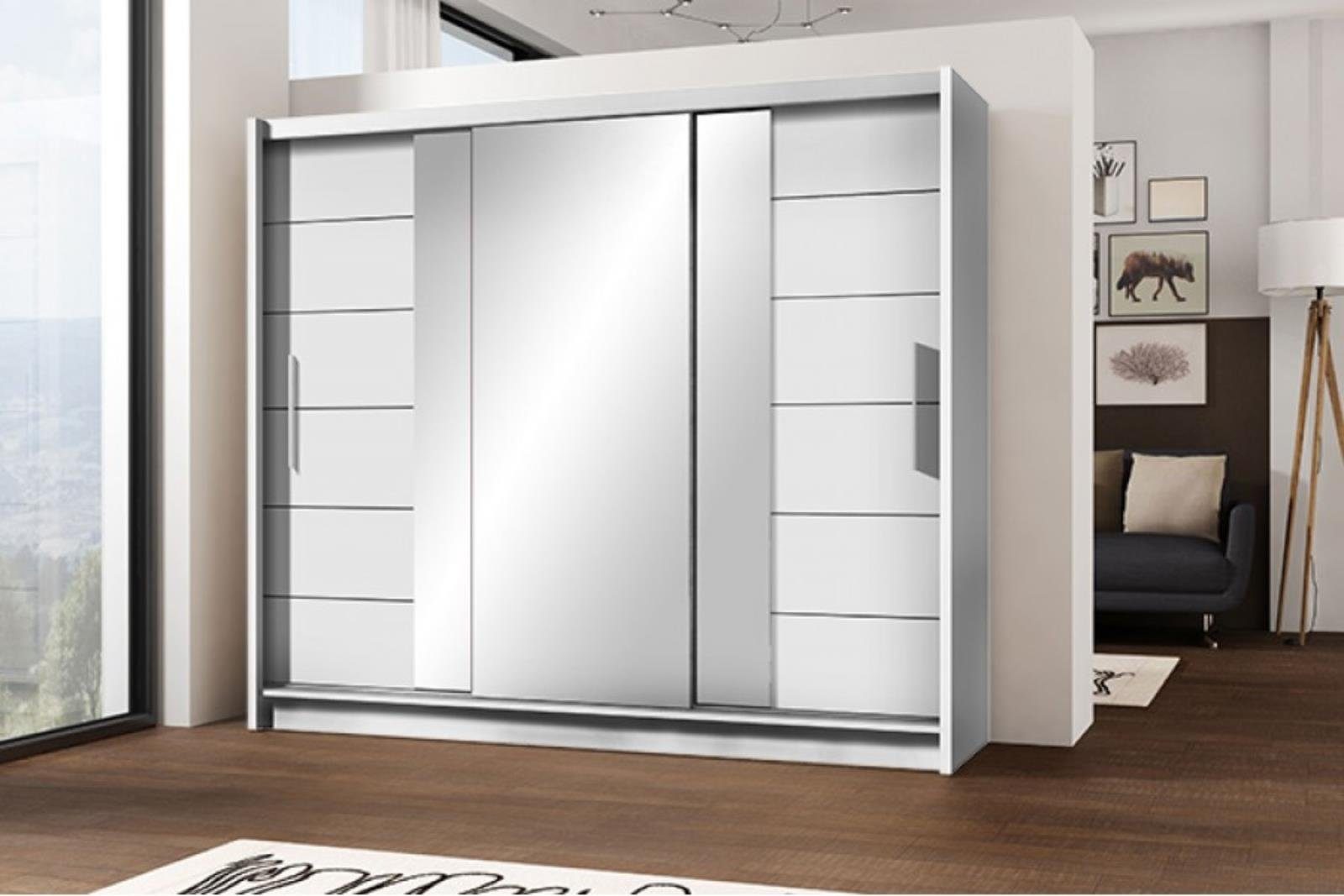 Schubladen, Sideboard Spiegel Beautysofa Schrank II Schiebtürenschrank LIZBONA mit weiß Kleiderschrank mit Kleiderschrank 3-türig