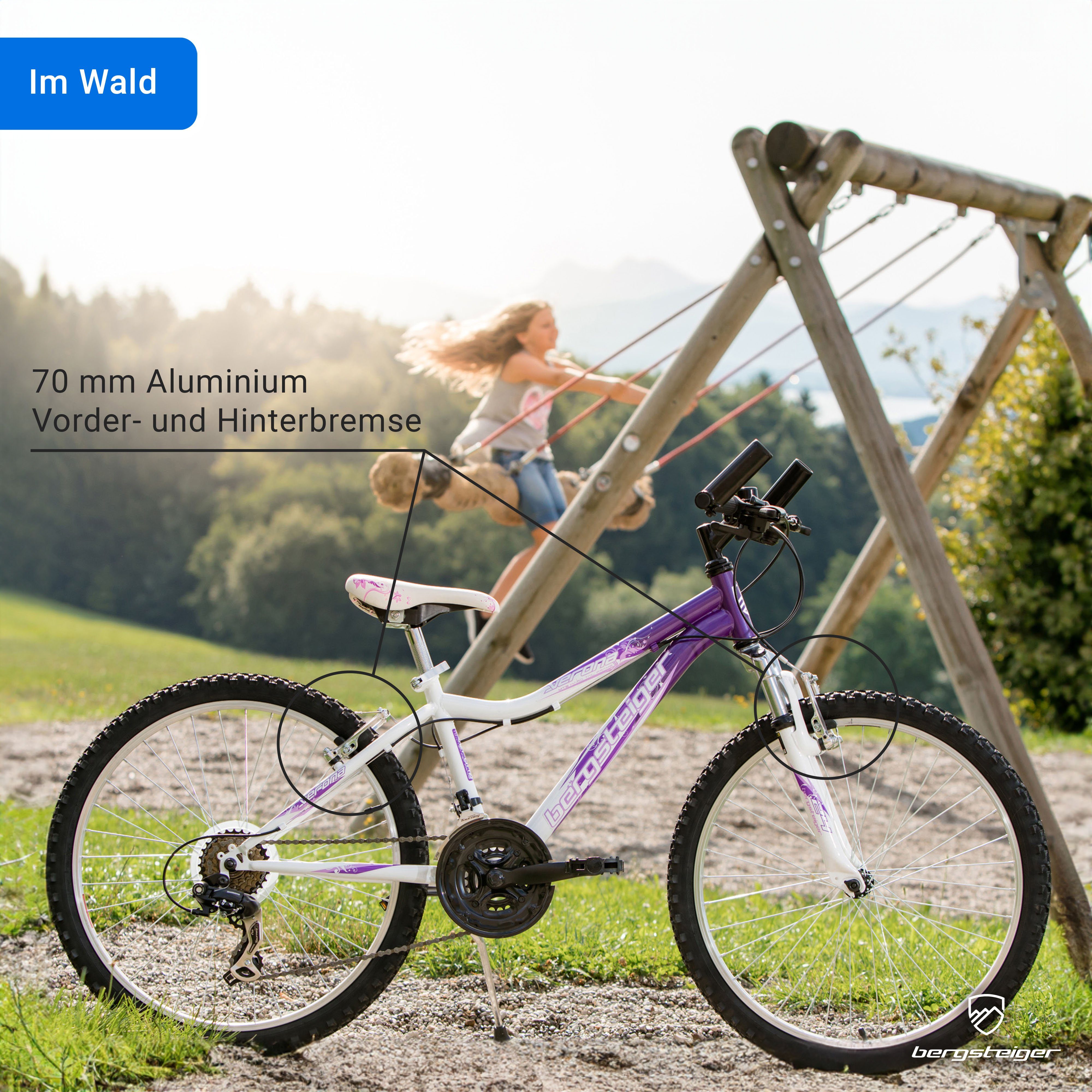 bergsteiger Kinderfahrrad Verona 24 Zoll, geeignet für 8, 9, 10, 11 Jahre, Mädchen, 18 Gang Shimano Tourney RD-TZ50 Schaltwerk, Kettenschaltung, V-Bremsen