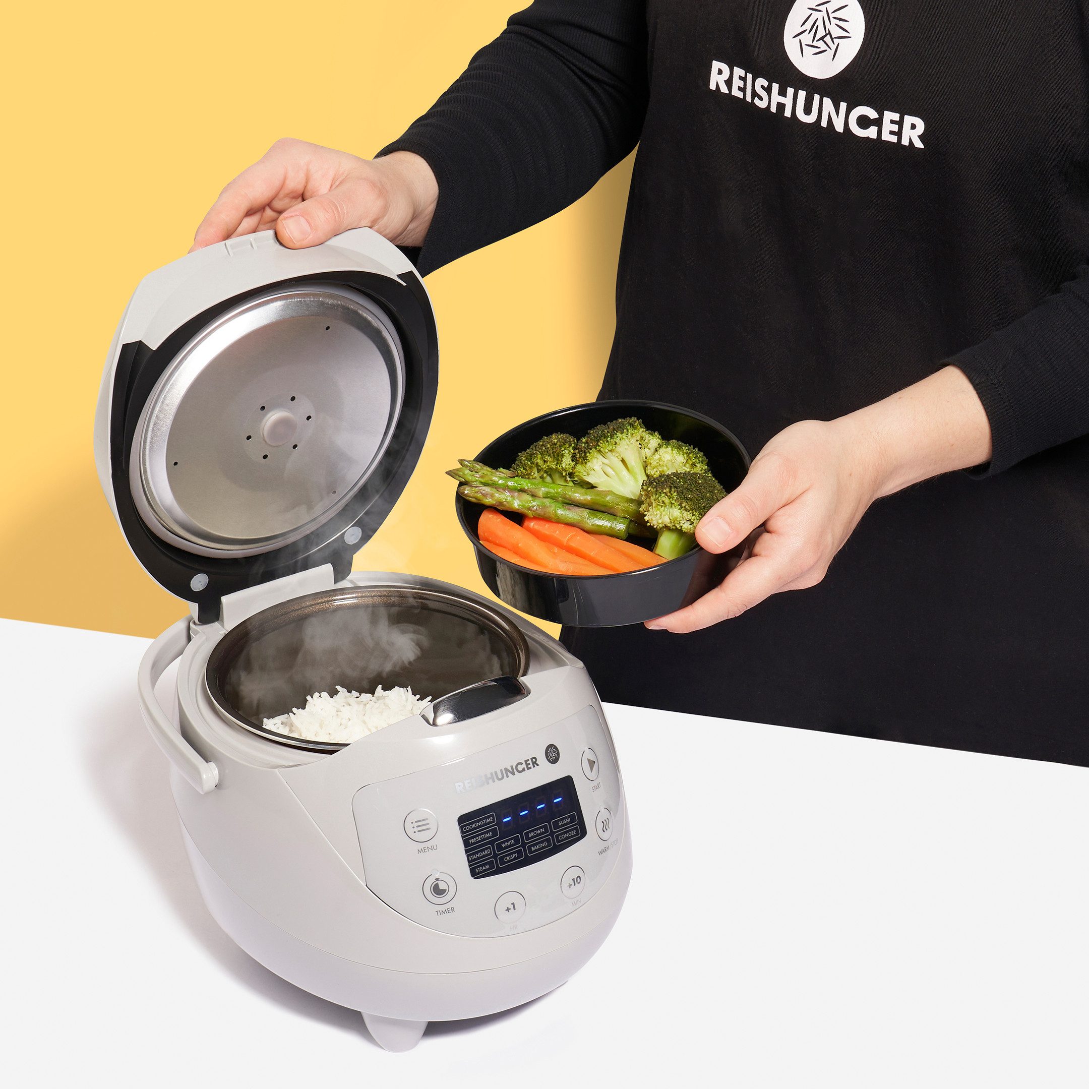 Reishunger Reiskocher - Digitaler Mini Reiskocher, 350 W, Dämpfeinsatz, Messbecher, Reislöffel, Timer- und Warmhaltefunktion