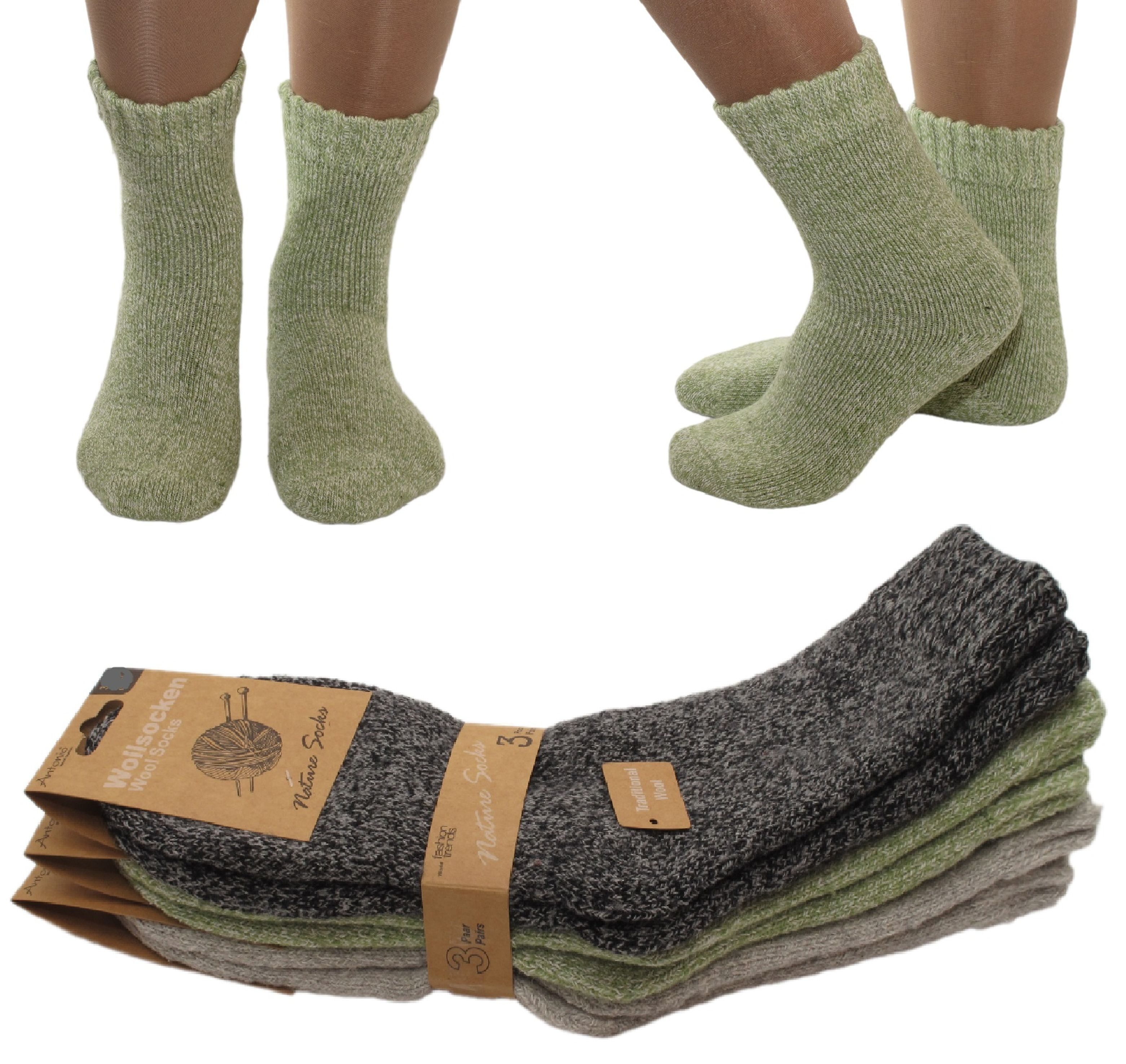 Antonio Socken 3 Paar Wollsocken Socken Strümpfe Damen Schwarz Grau Grün Meliert
