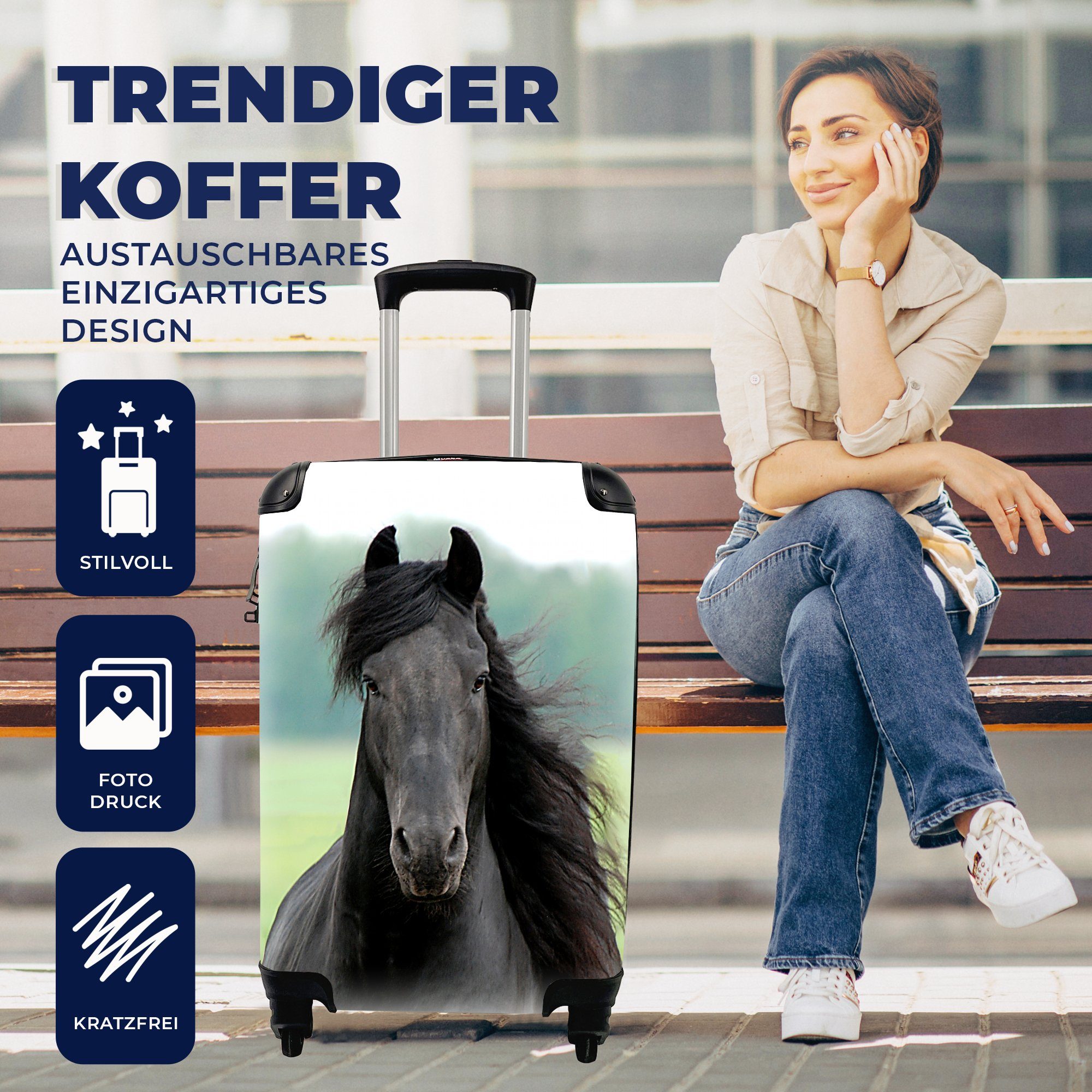 Pferd für Reisetasche Handgepäck Handgepäckkoffer mit Trolley, - Gras, Reisekoffer Rollen, rollen, Friesisch - 4 MuchoWow Ferien,