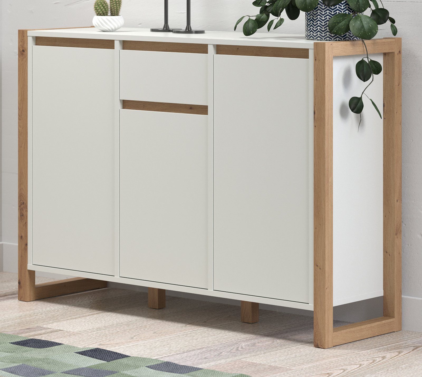 trendteam Sideboard Dakota (Sideboard Industrial Design weiß und Eiche Artisan) mit viel