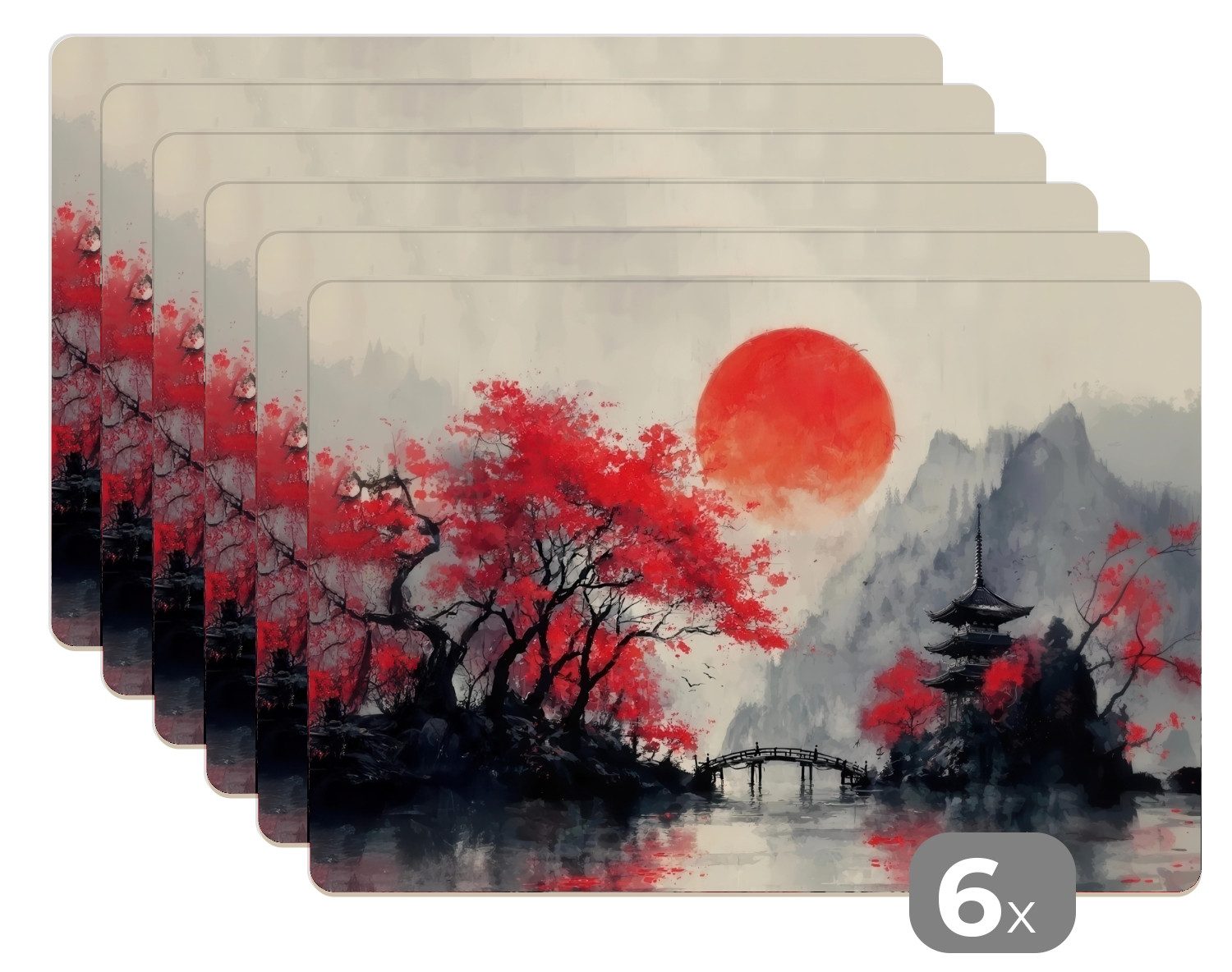 MuchoWow Platzset Rote Sonne - Fluss - Brücke - Bäume, (6-St), Platzsets, Tischset, Abwaschbar, Tischsets, Platzdeckchen