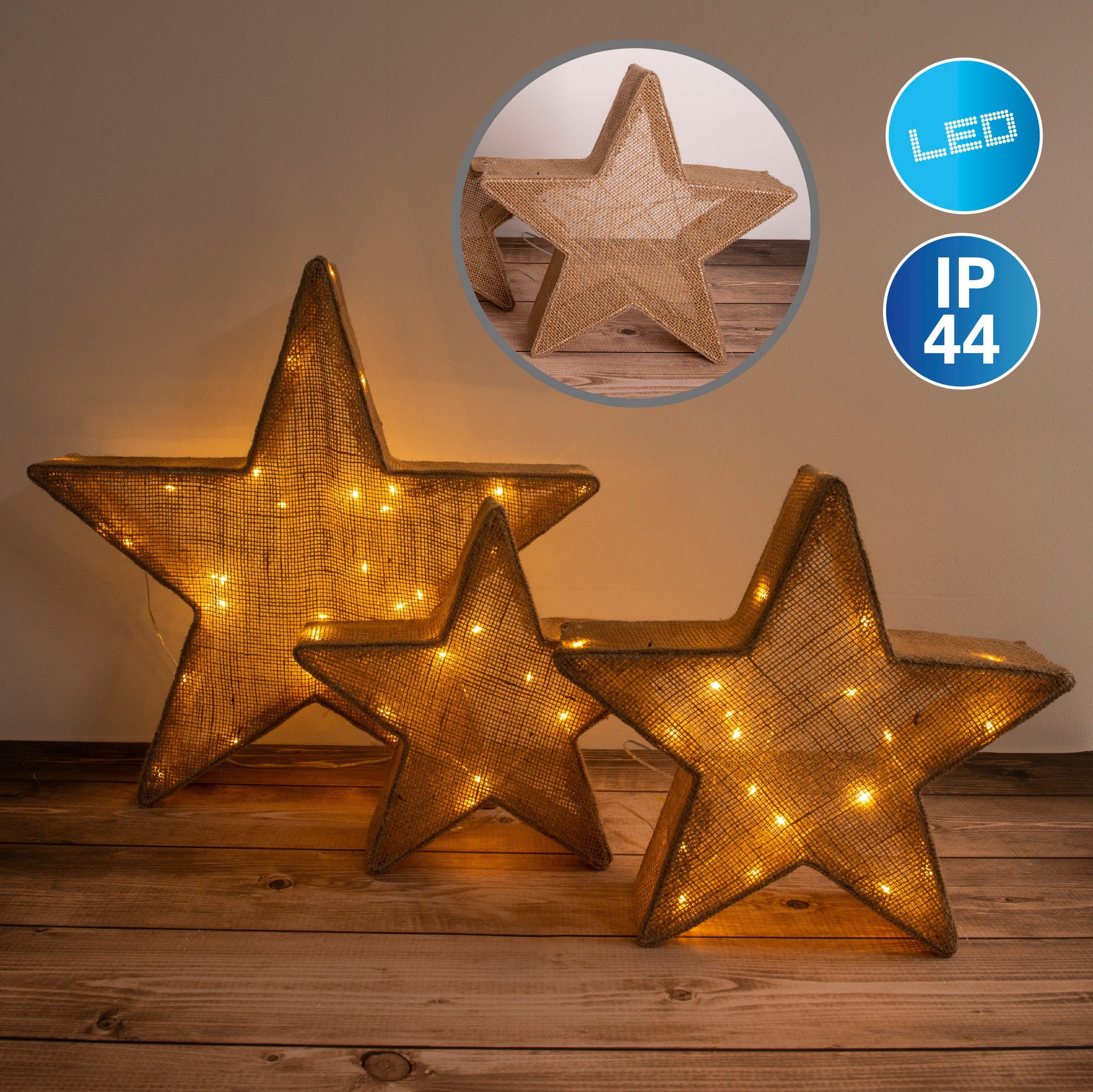 integriert, fest näve Stern Weihnachtsstern, Deko-Weihnachtssterne, 3er Set 10cm, Warmweiß, aussen, Material: Farbe: LED ca. Eisen Textil, braun, LED Weihnachtsdeko Leuchtmittelabstand: