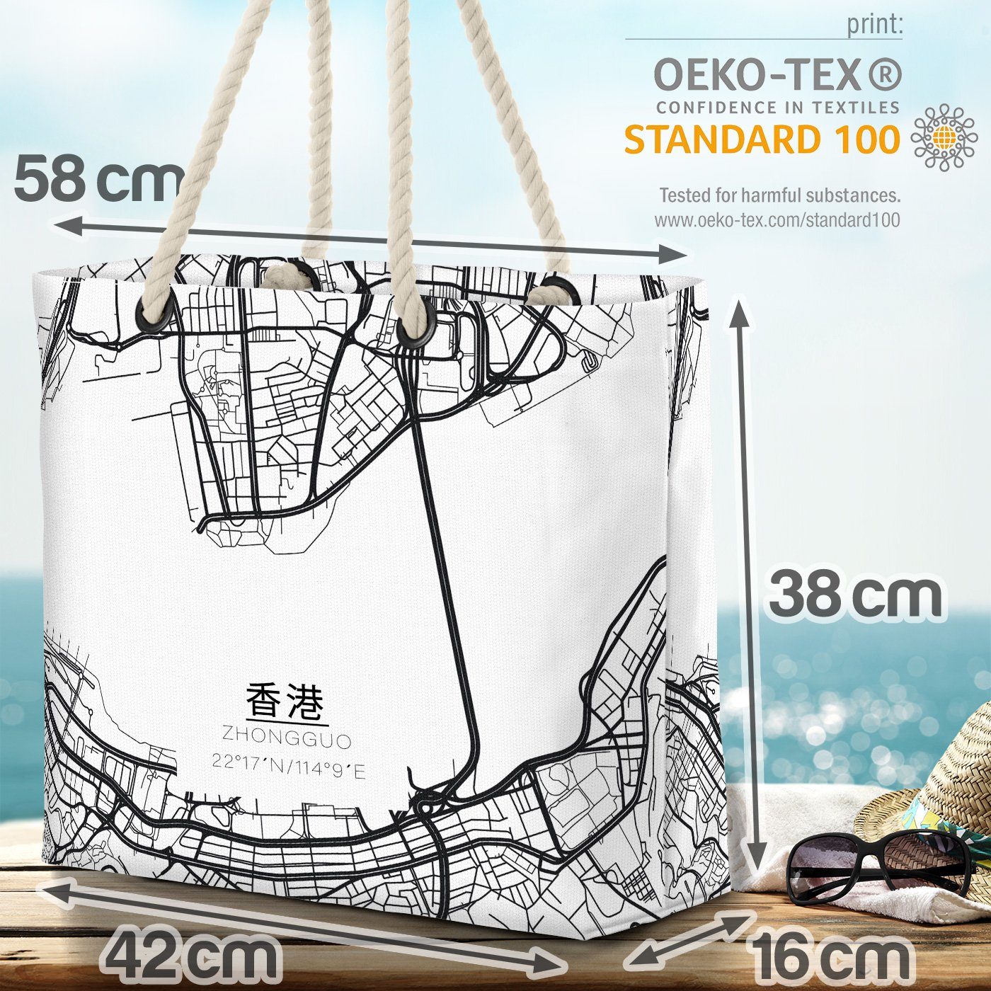 Asien Honkong Honkong Beach Stadtkarte Karte (1-tlg), VOID asiatisch Strandtasche China Bag Stadt Japan