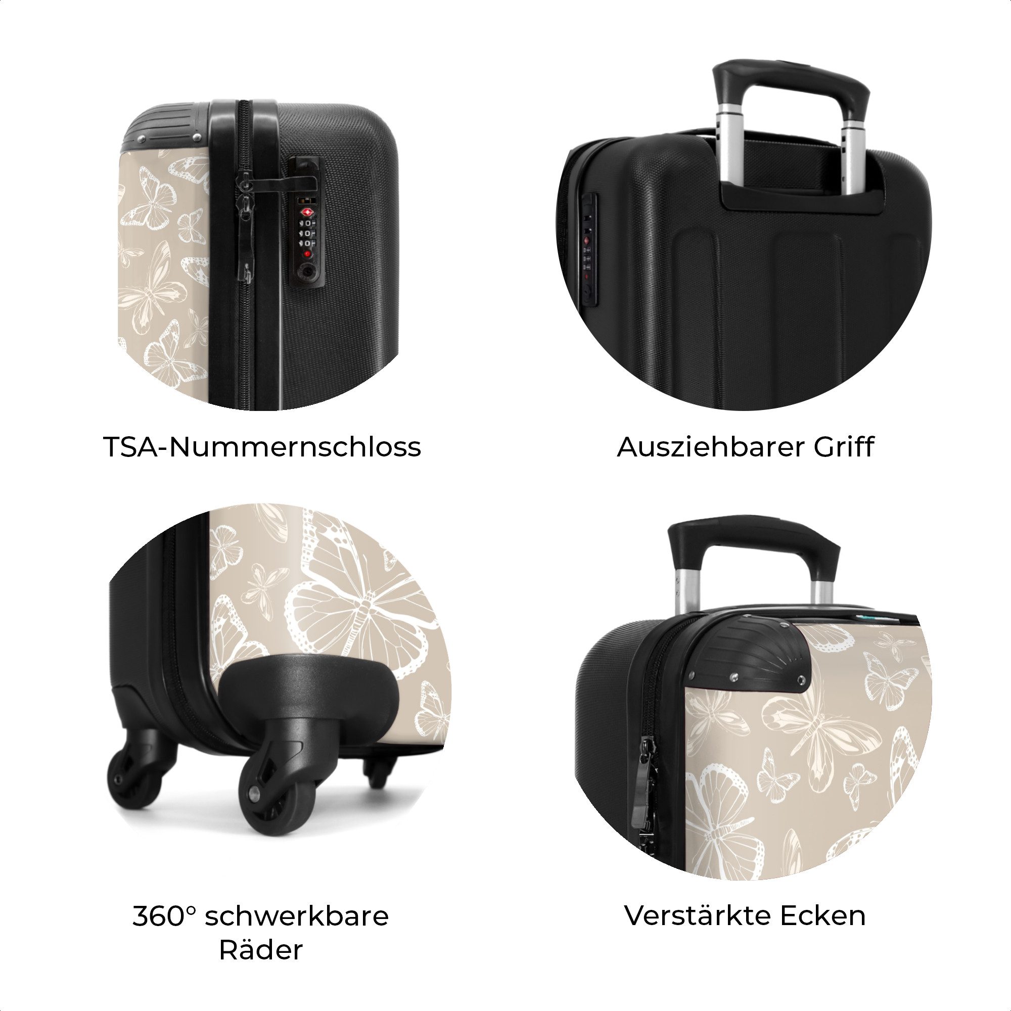 NoBoringSuitcases.com© Hartschalen-Trolley Muster aus Schmetterlingen in Beige 55x35x20cm, 4 Rollen, Reisetasche mit Rollen, Koffer Handgepäck Flugzeug