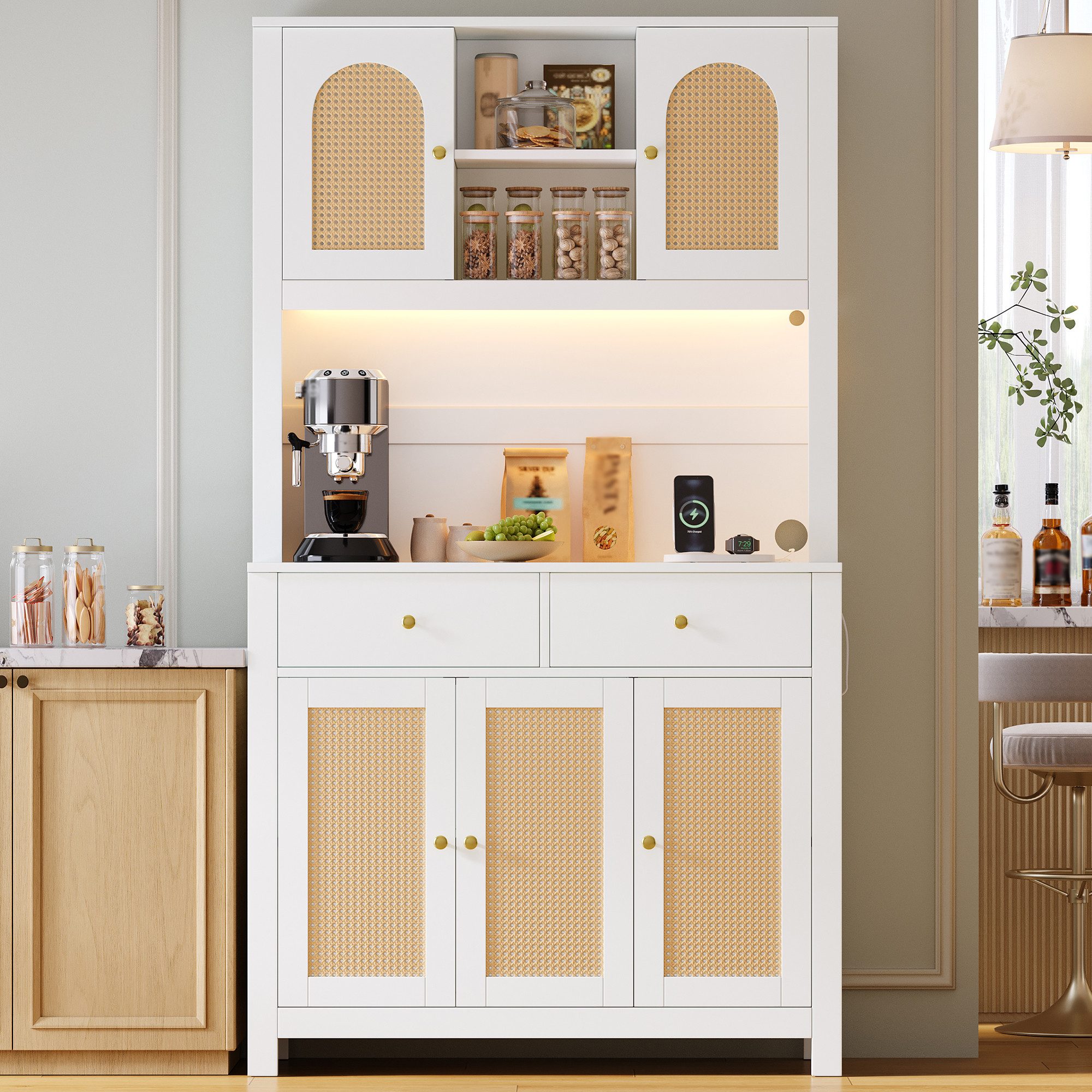 Flieks Küchenbuffet Hochschrank mit LED-Beleuchtung, Steckdosen, Rattantüren, 2 Schubladen (Ladefunktion, 1-St., B100xT40xH180 cm) Küchenschrank Mehrzweckschran – Bild 3 von 5