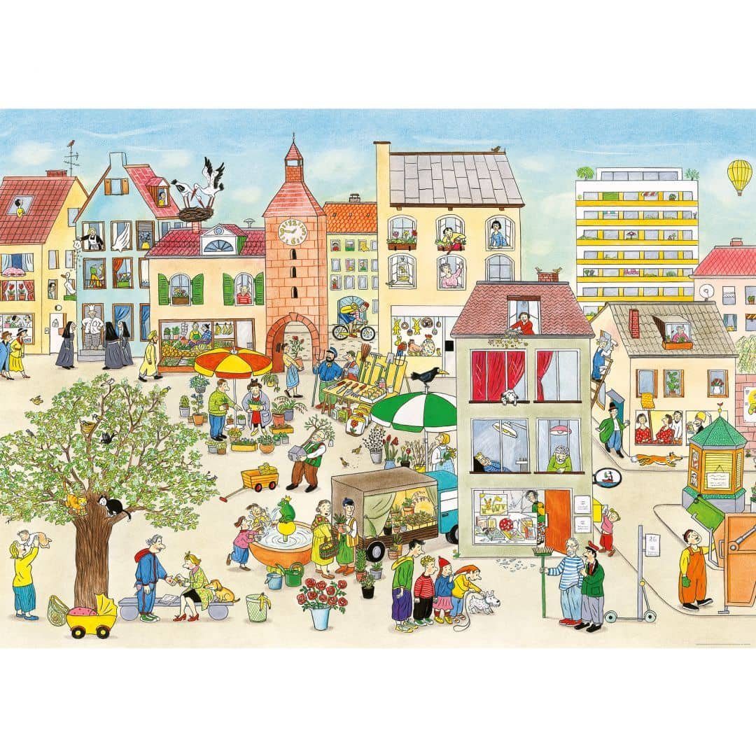 Wimmelbuch Verlag Fototapete XXL Kinderzimmer Wimmel Kirmes Jahrmarkt Markt im Frühling, Marktplatz Vliestapete
