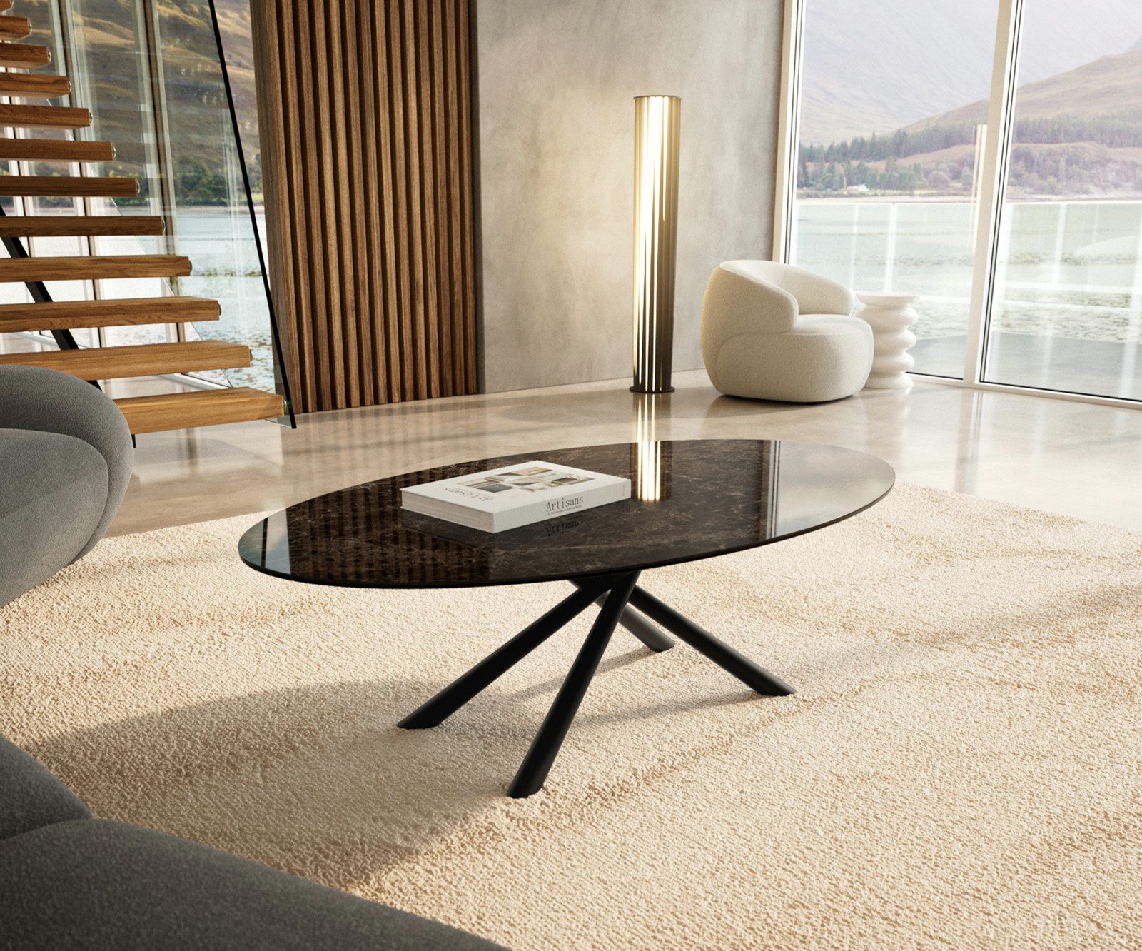 DELIFE Couchtisch Edge, Oval 140x80 cm Keramik Emperador Extra Lucidato Dunkelbraun Sarity Met