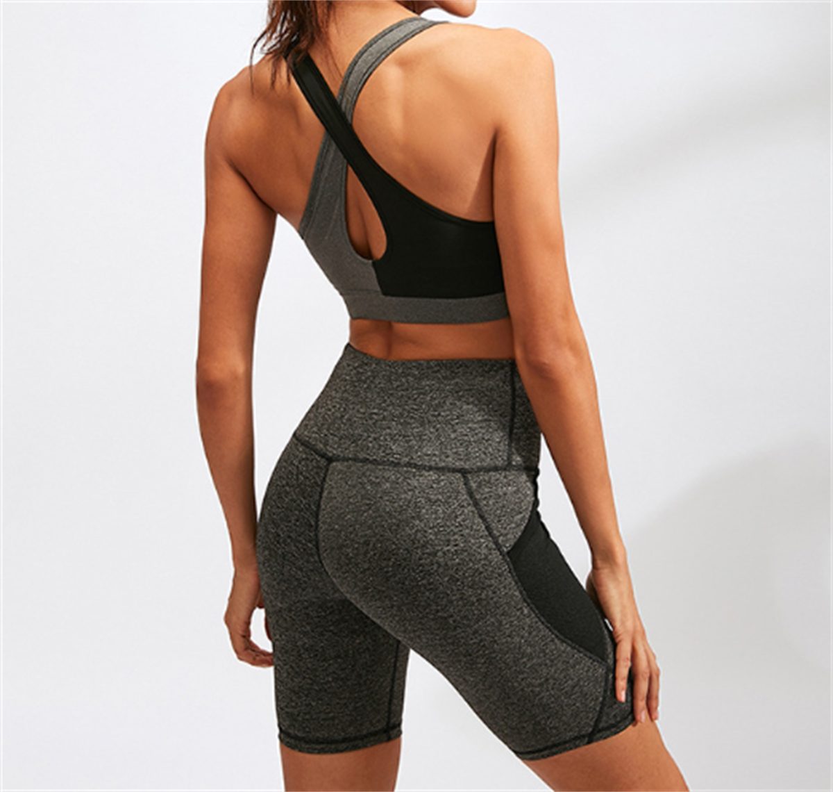Damen-Shorts schnell carefully trocknend hoher Yogashorts Stretch, Taille, grau mit selected Netztasche,