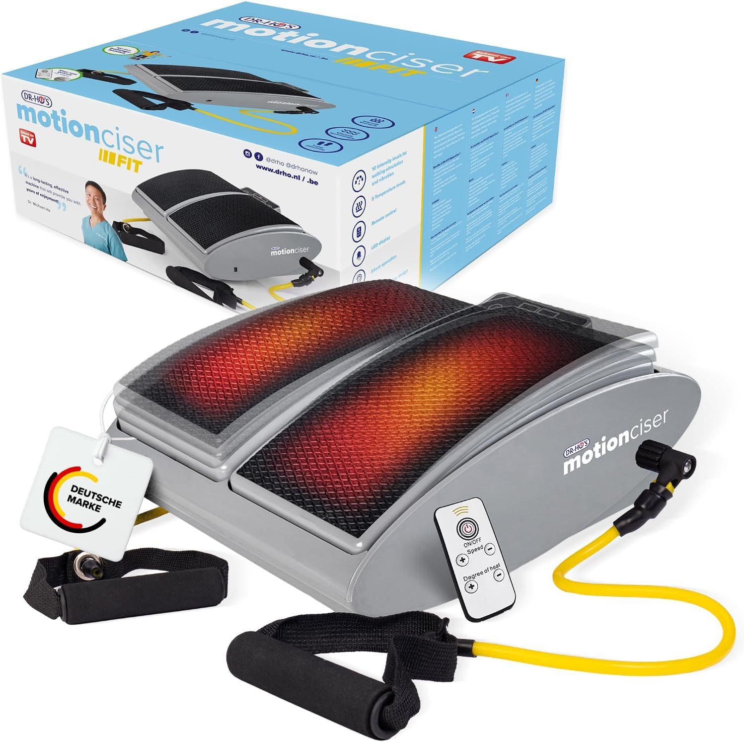 DR-HO'S Fußmassagegerät MotionCiser mit Wärmefunktion, Vibrationsfunktion und Fernbedienung, Set, mit Netzadapter, 2 Widerstandsbändern und LED-Anzeige, sanfte Geh-Simulation, 10 Vibrationsstufen und 5 Temperaturstufen